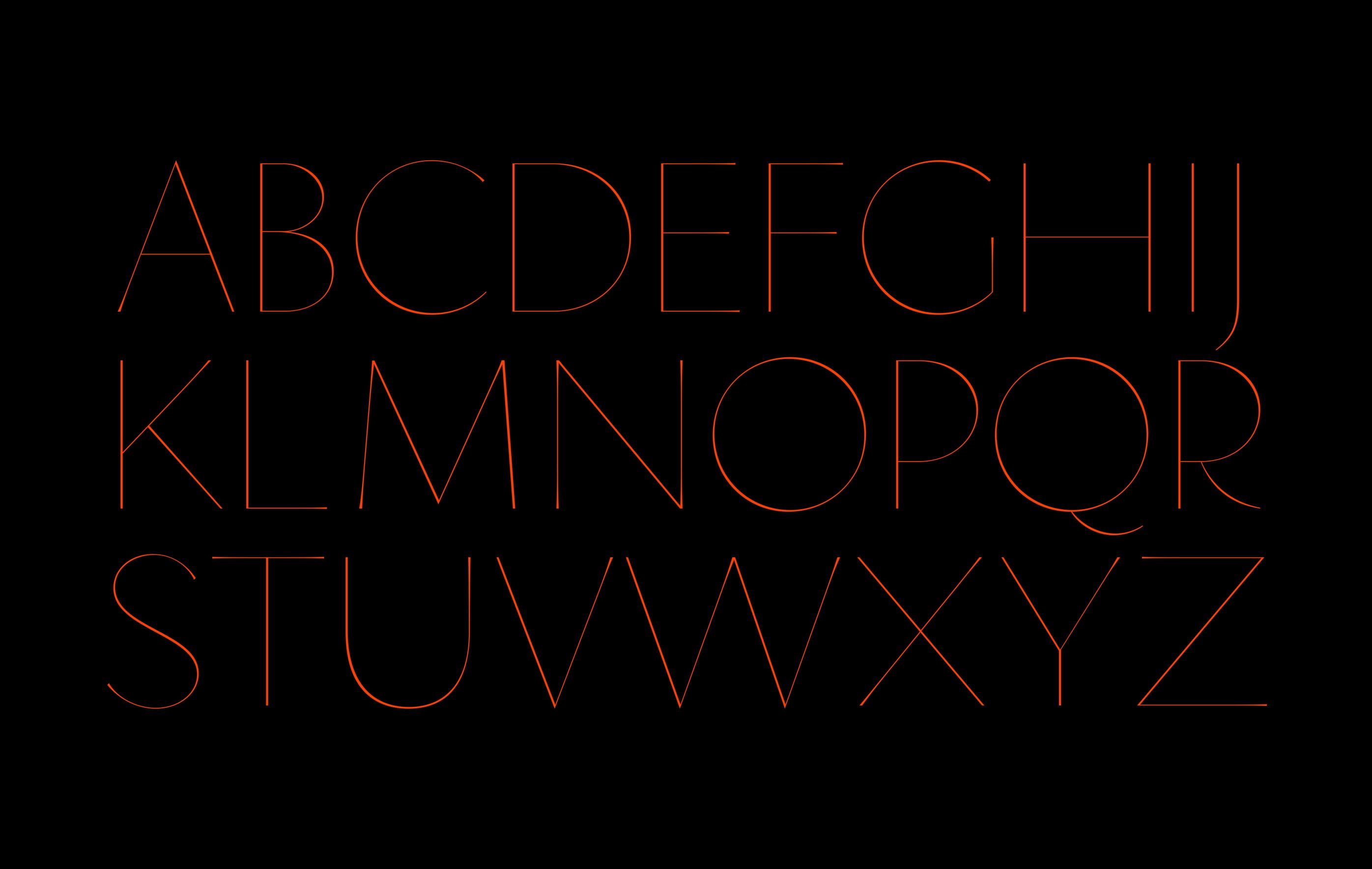 oro uppercase alphabet drawn in extremely thin orange strokes on black