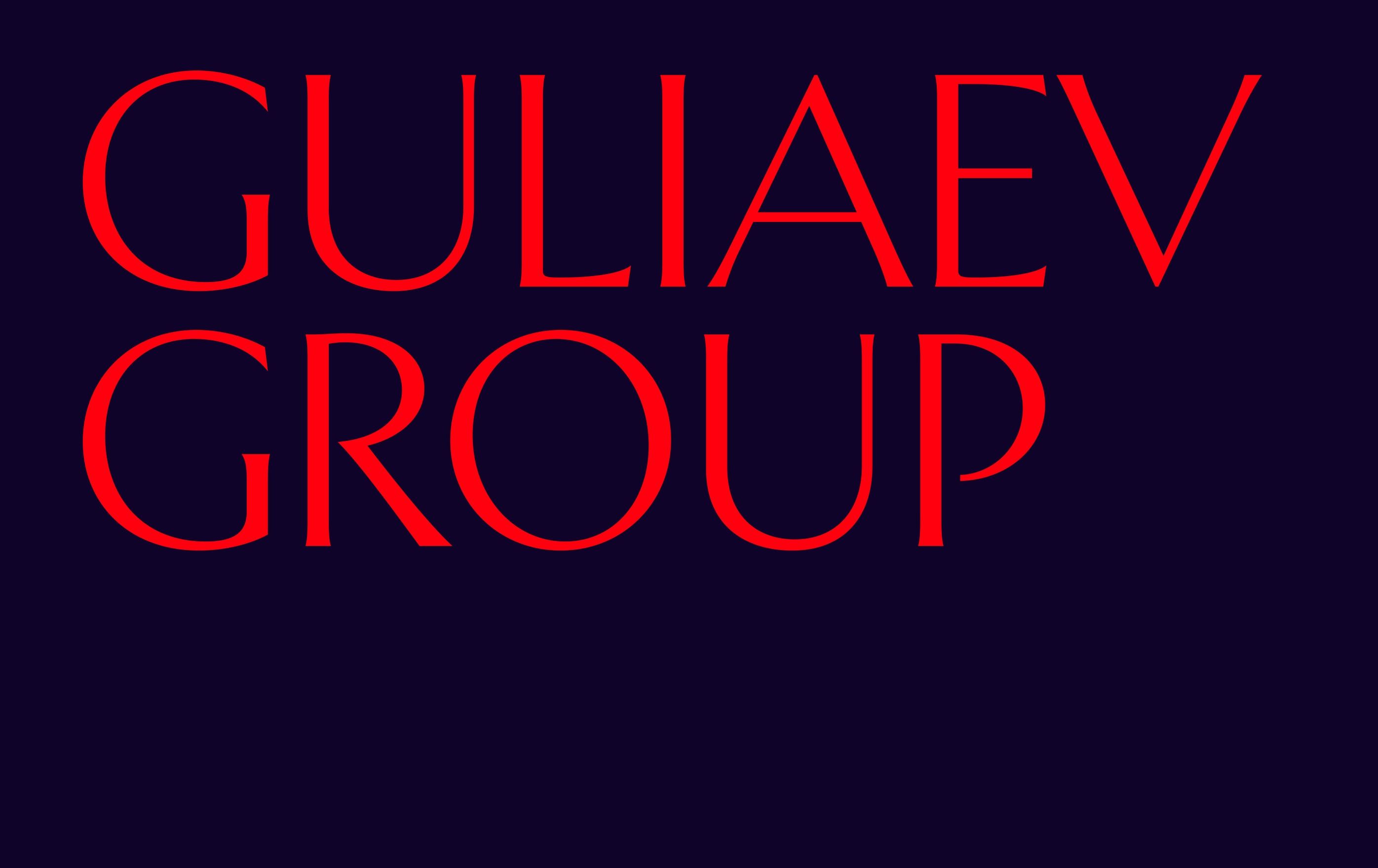 guliaev group wordmark in red on dark navy