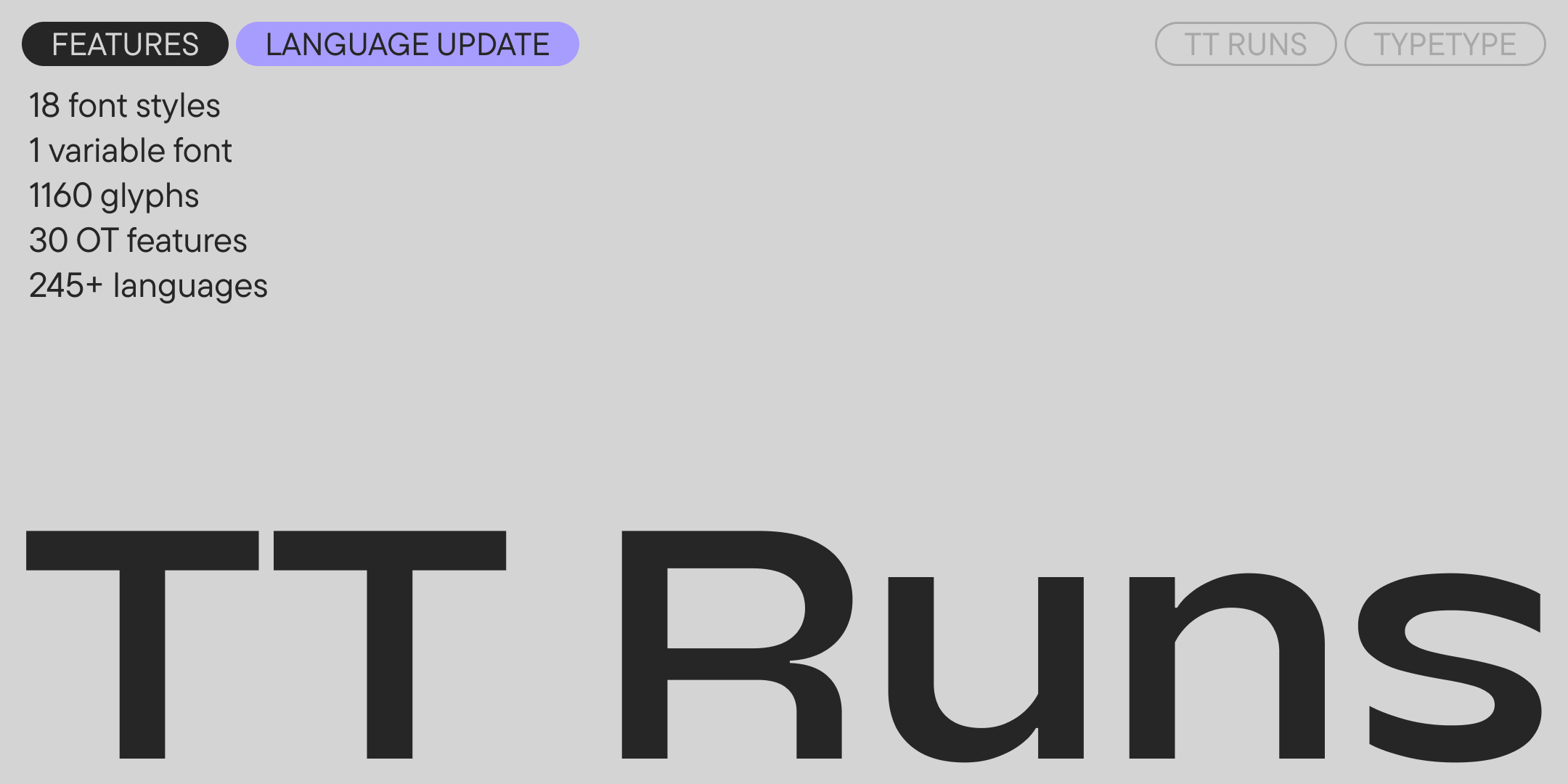 tt runs wordmark and family features, introducing the language update on grey