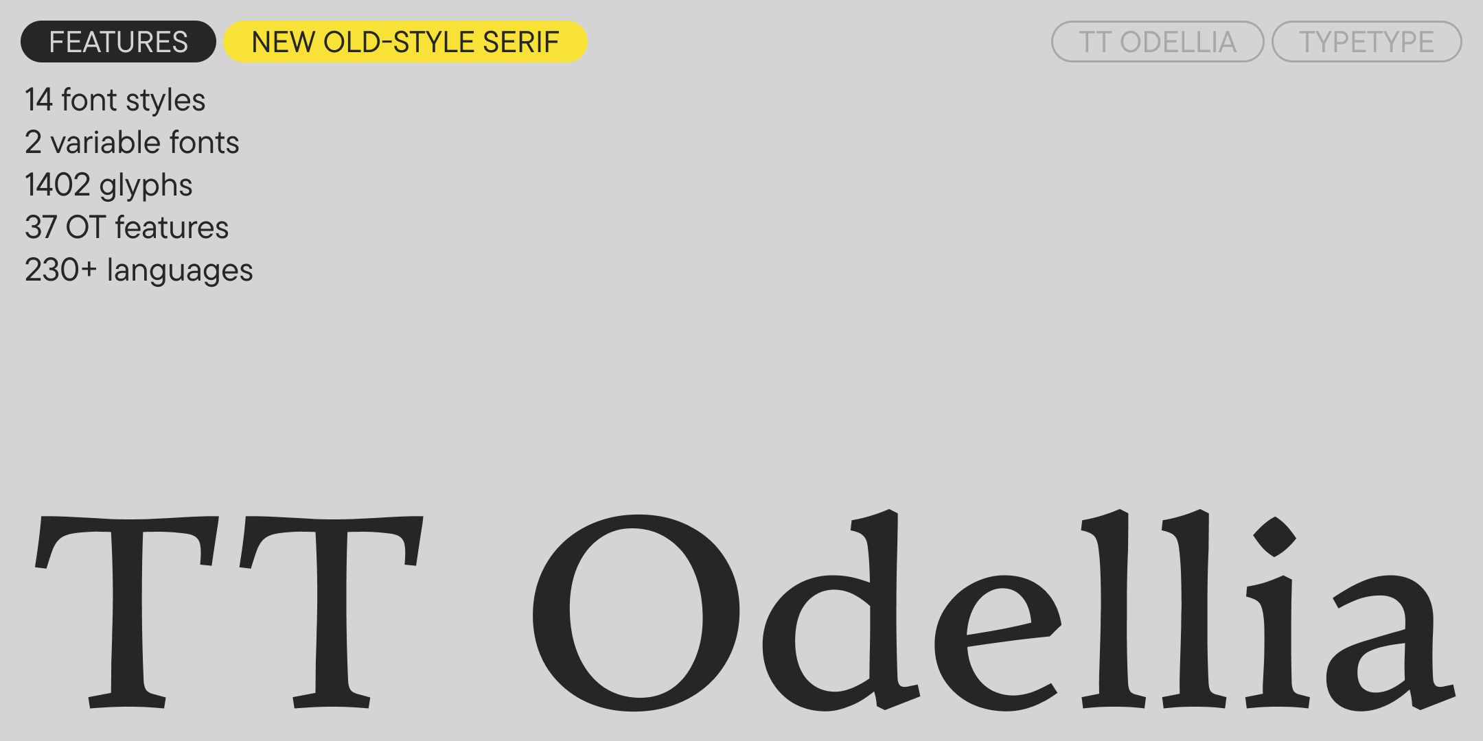 tt odellia wordmark and an overview of the family’s features on grey