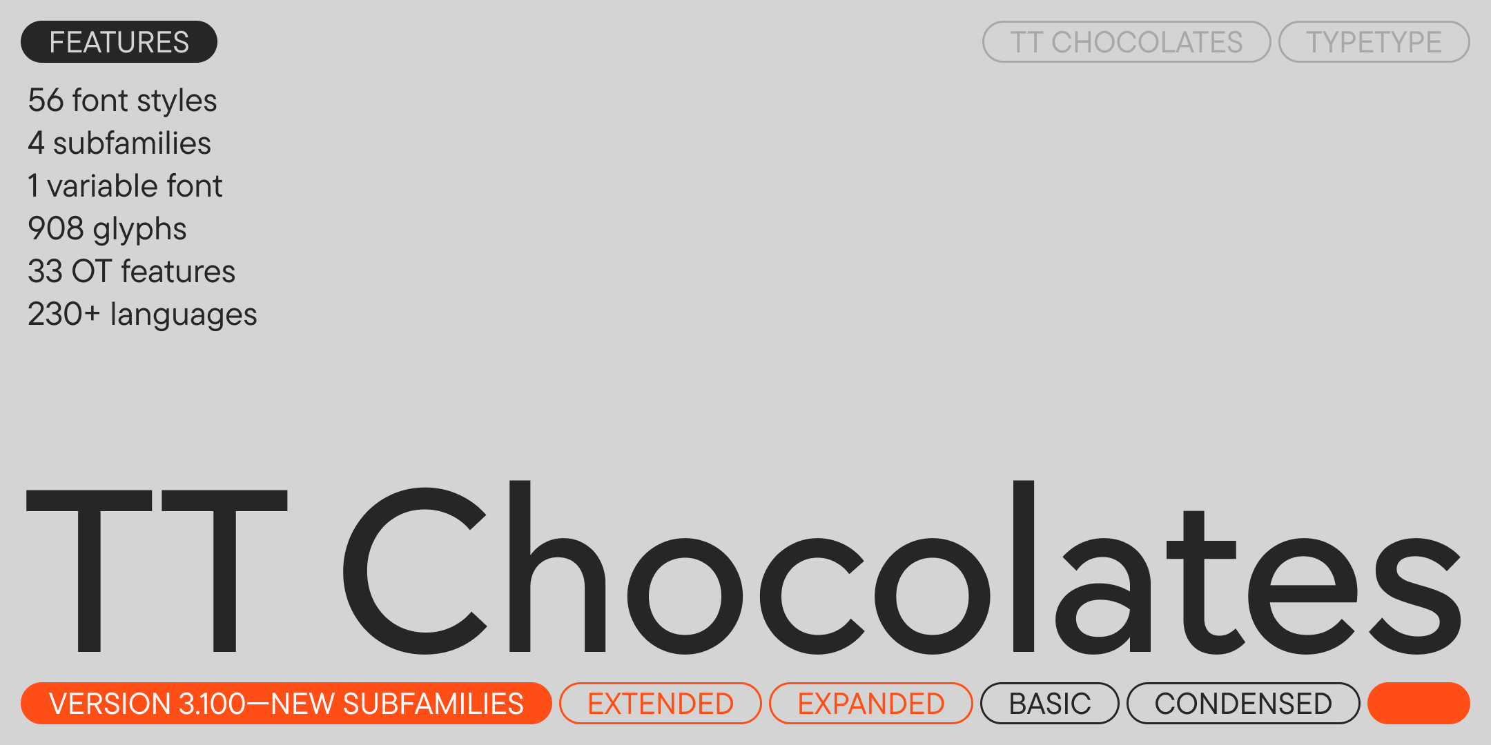 tt chocolates wordmark and version 3.100 family features, introducing expanded and extended widths