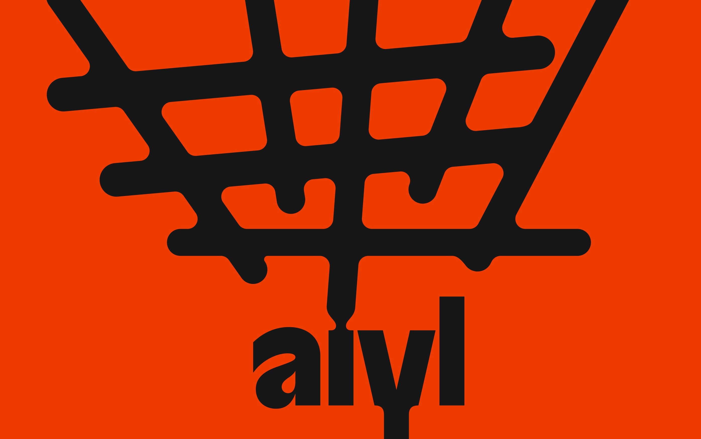cropped aiyl letterforms and wordmark in black on bright orange