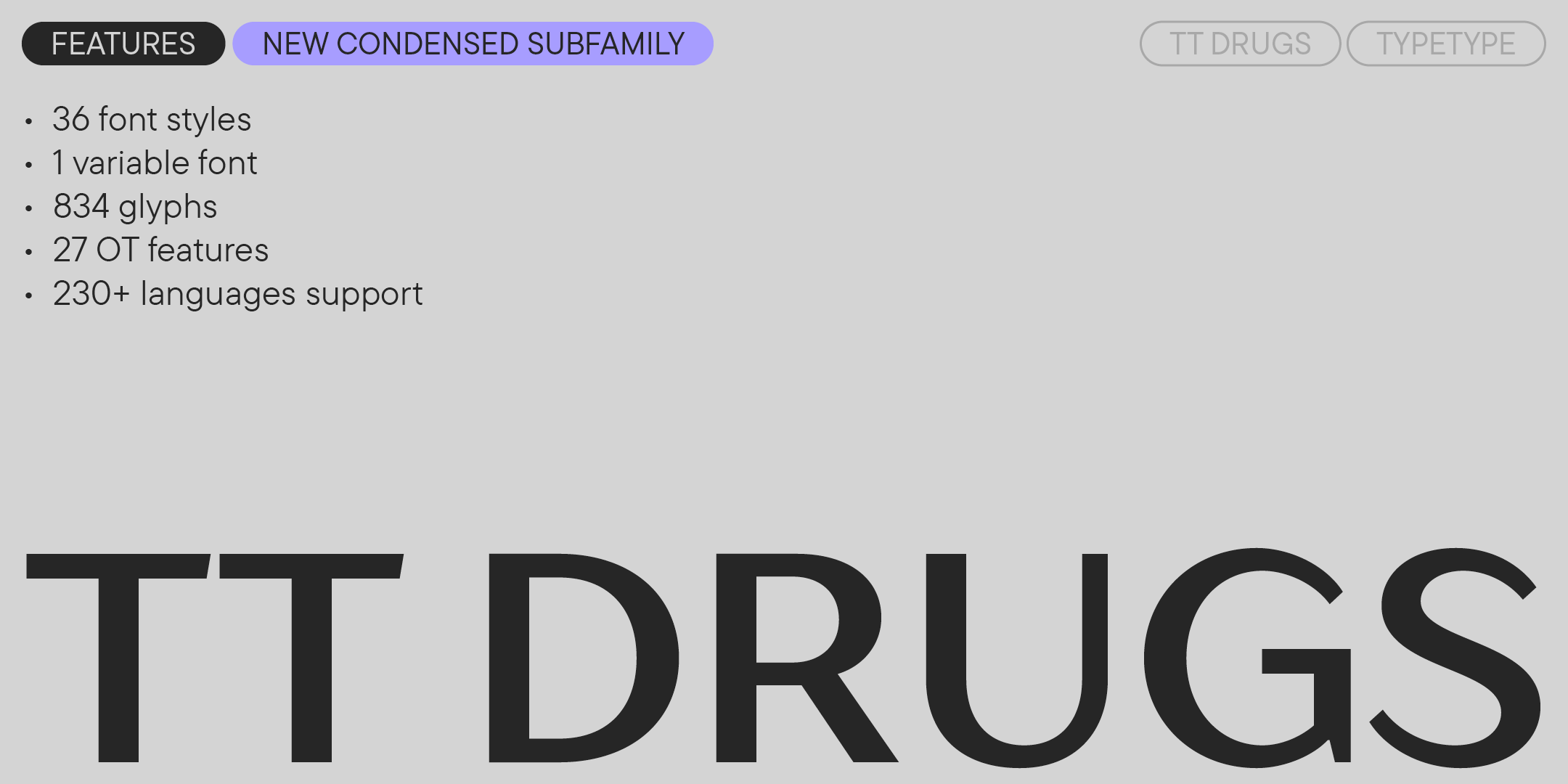 tt drugs wordmark and family features, introducing the new condensed subfamily