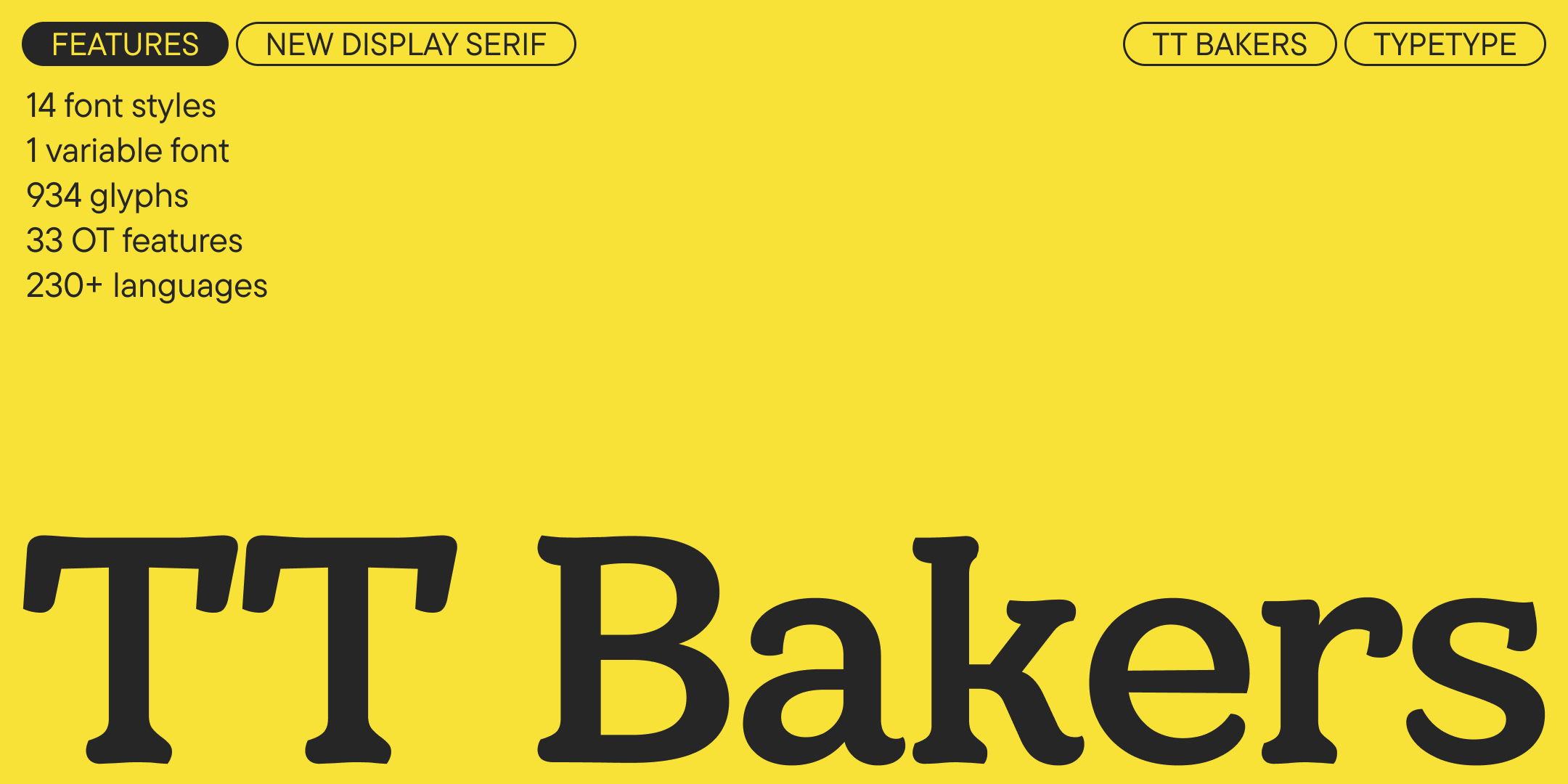 tt bakers wordmark and family features on yellow, introducing the display serif