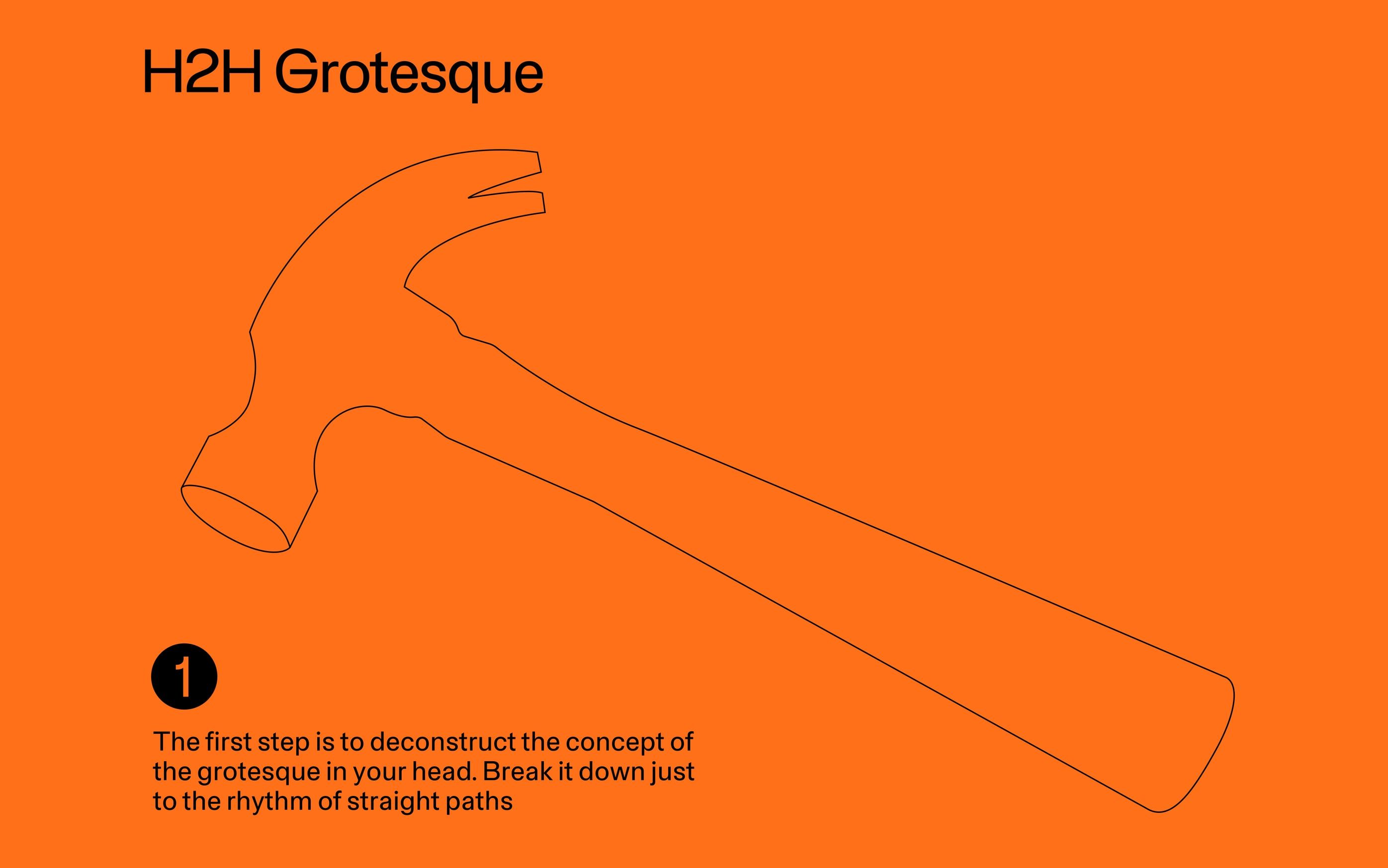 h2h grotesque process slide showing a simplified lowercase r built from straight paths on orange