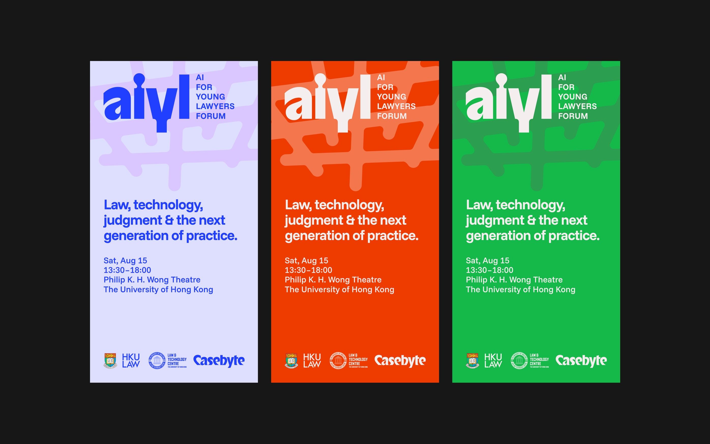 three aiyl event posters in lavender, orange and green