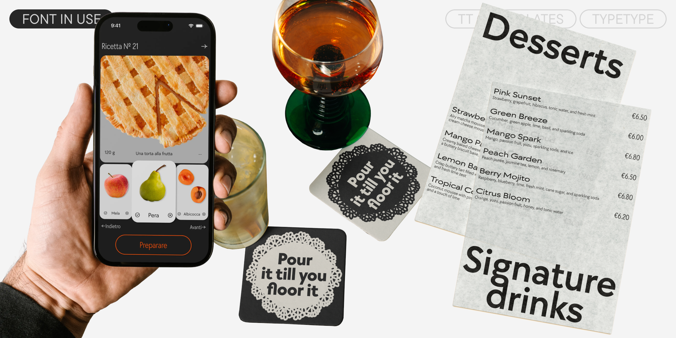 tt chocolates on a recipe app, drinks coasters and a dessert menu