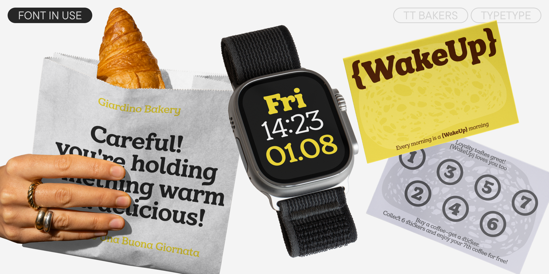 tt bakers on a bakery bag, smartwatch face and yellow wake-up card