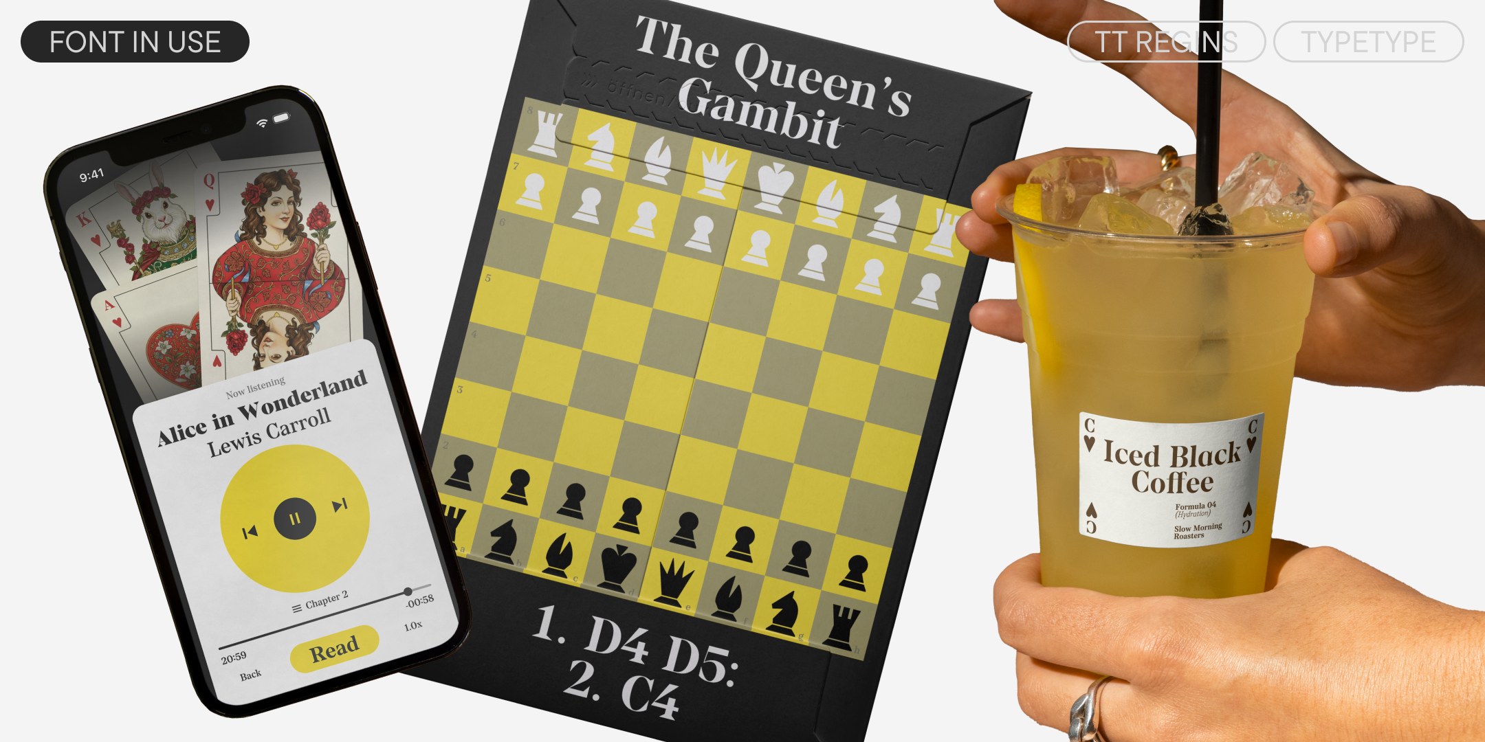 tt regins on an audiobook player, a chess book and an iced coffee cup
