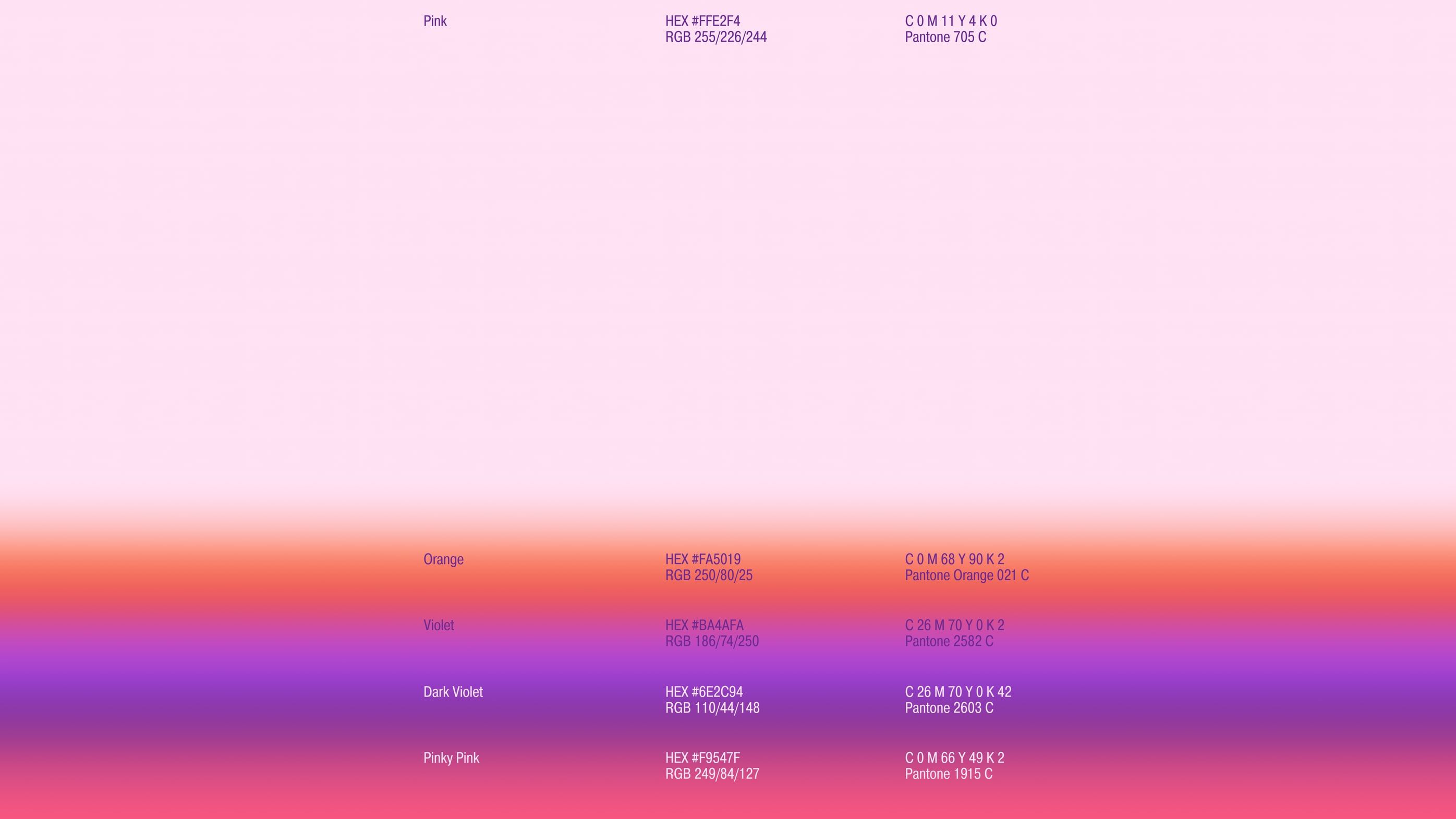colour palette: pink, orange, violet, dark violet and pinky pink with hex, rgb, cmyk and pantone values