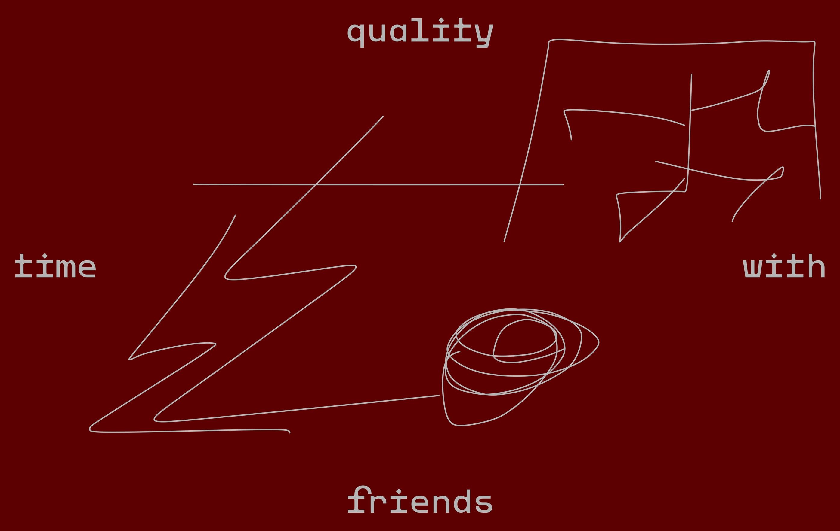 the words quality, time, with and friends surrounding gestural line drawings