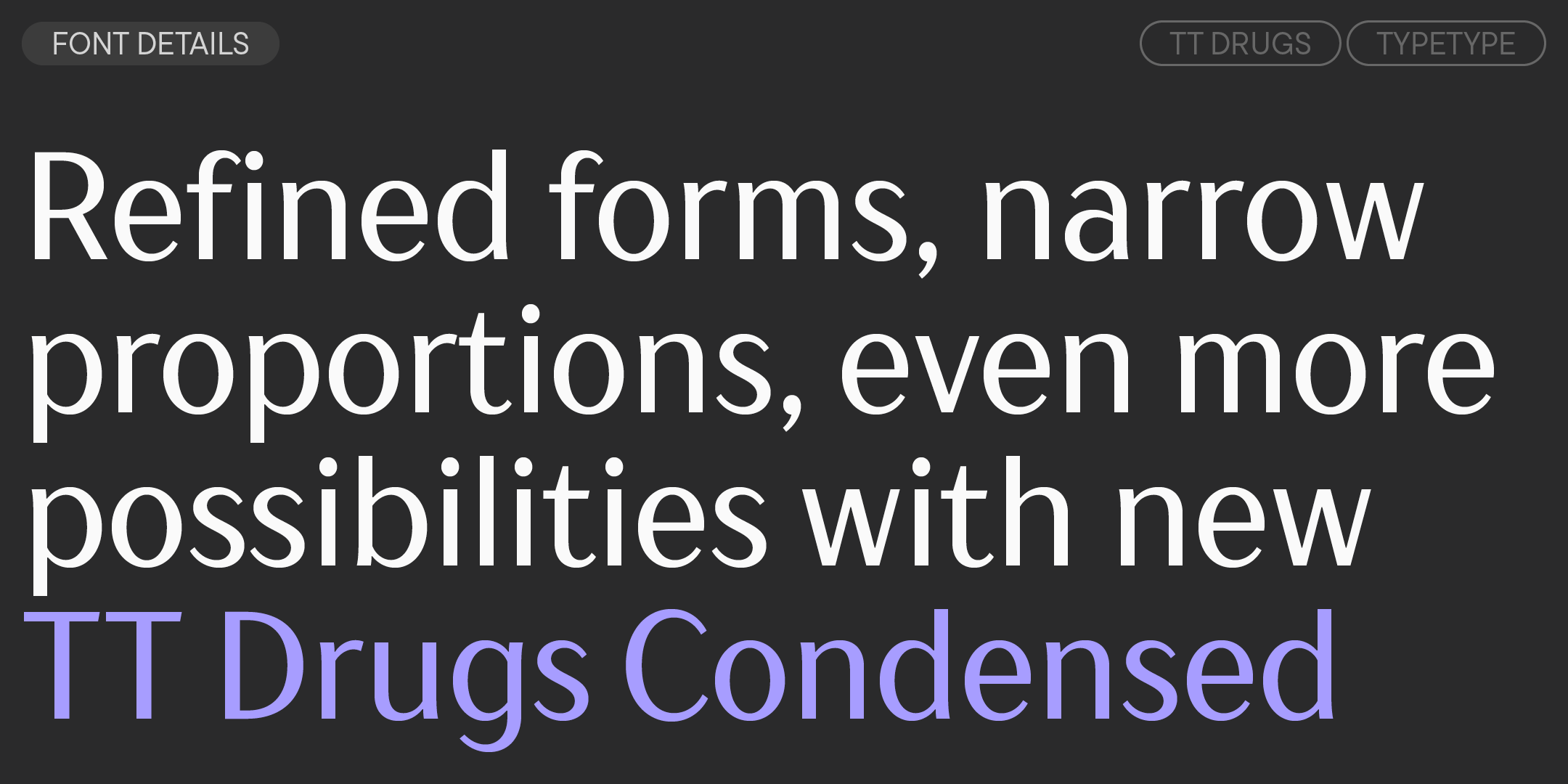 tt drugs condensed headline describing refined forms and narrow proportions on charcoal