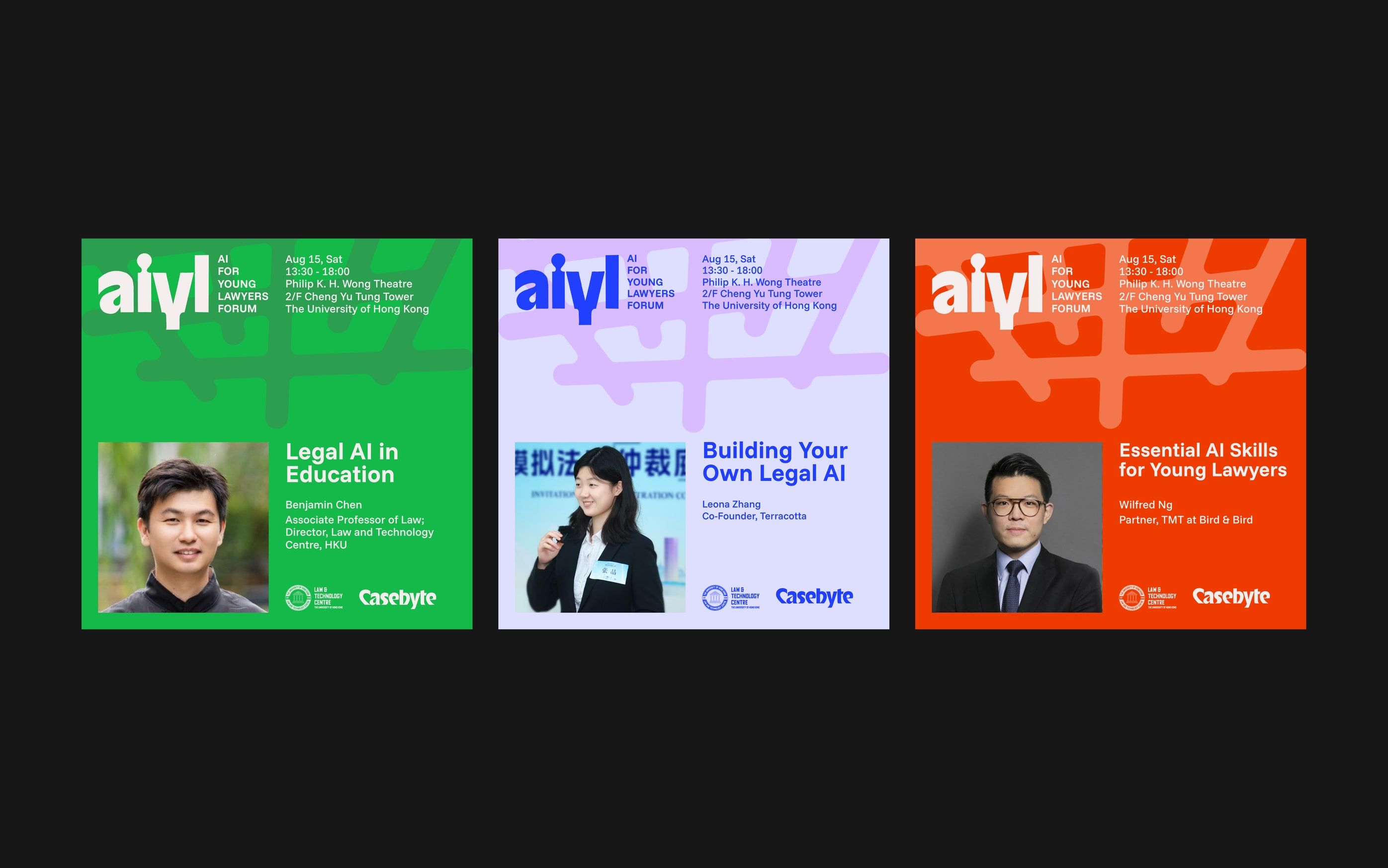 three aiyl speaker graphics for legal ai sessions