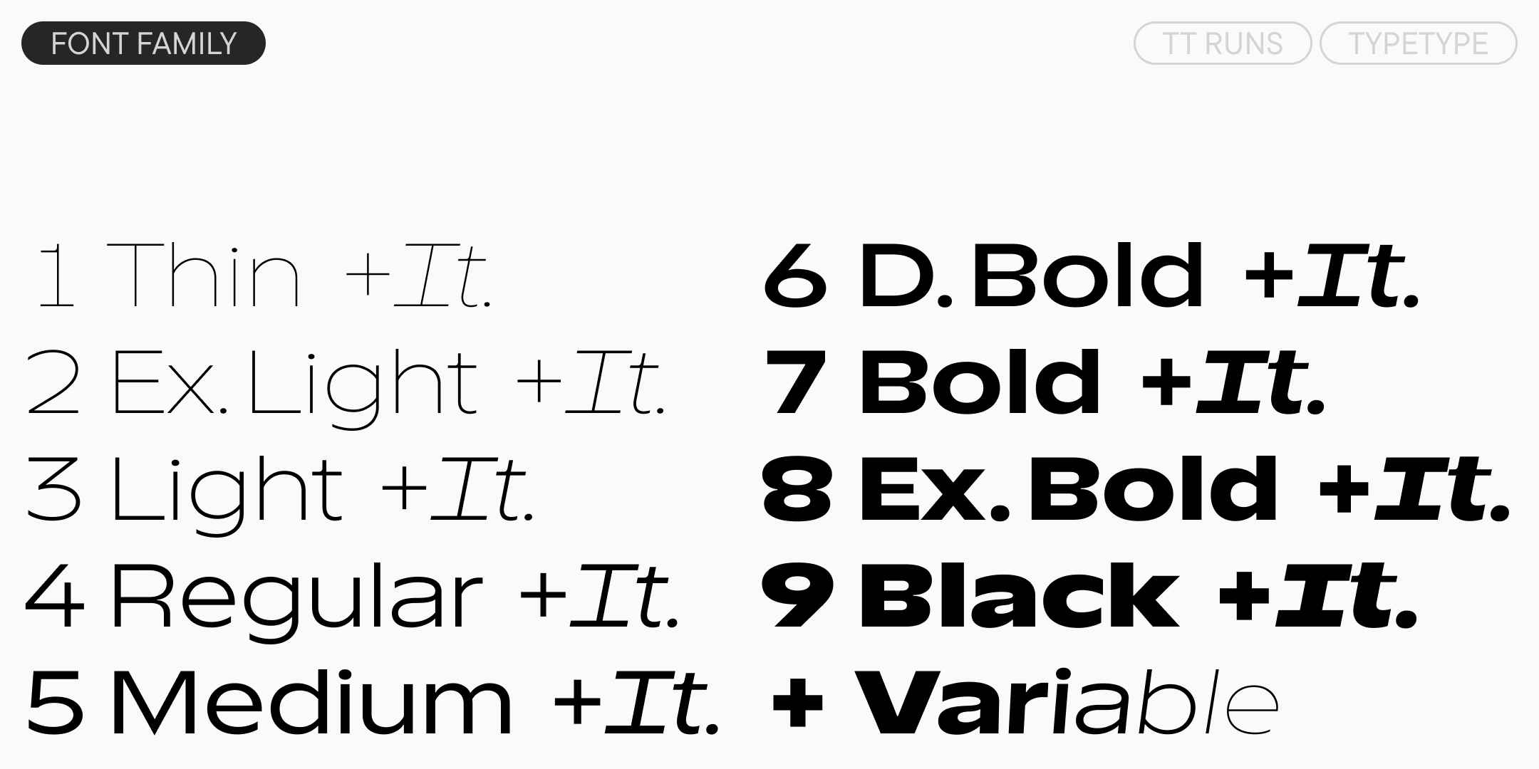 nine upright and nine italic weights from thin to black, plus a variable font