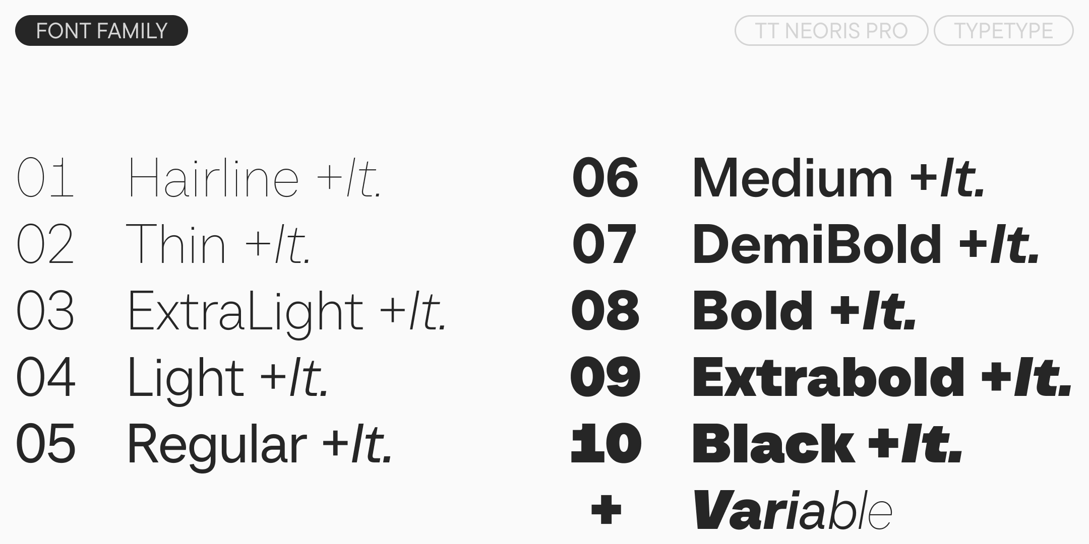 ten upright and ten italic weights from hairline to black, plus a variable font