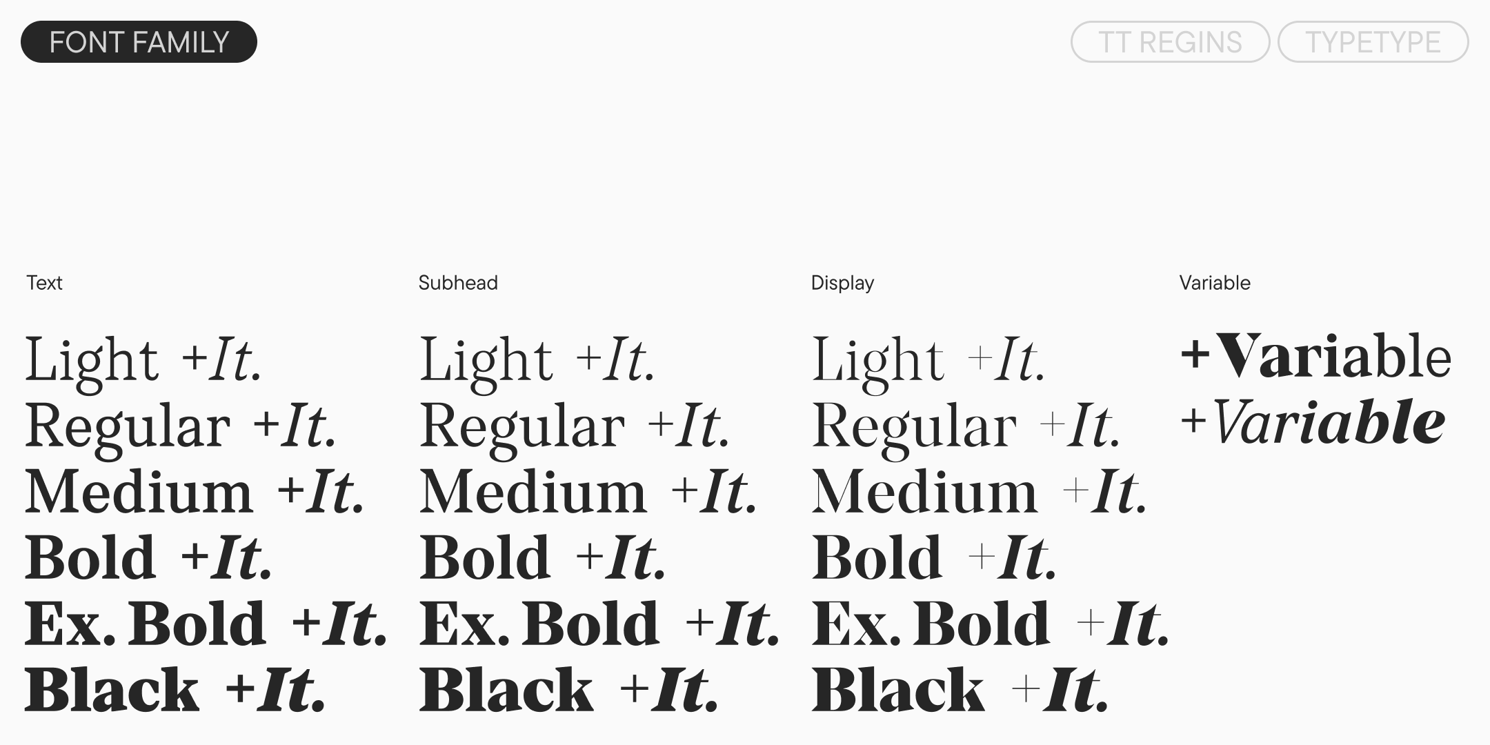 text, subhead and display styles from light to black with matching italics and two variable fonts
