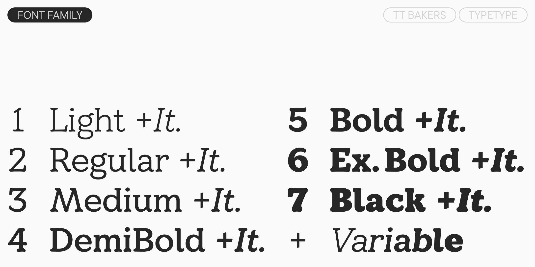 seven upright and seven italic styles from light to black, plus a variable font