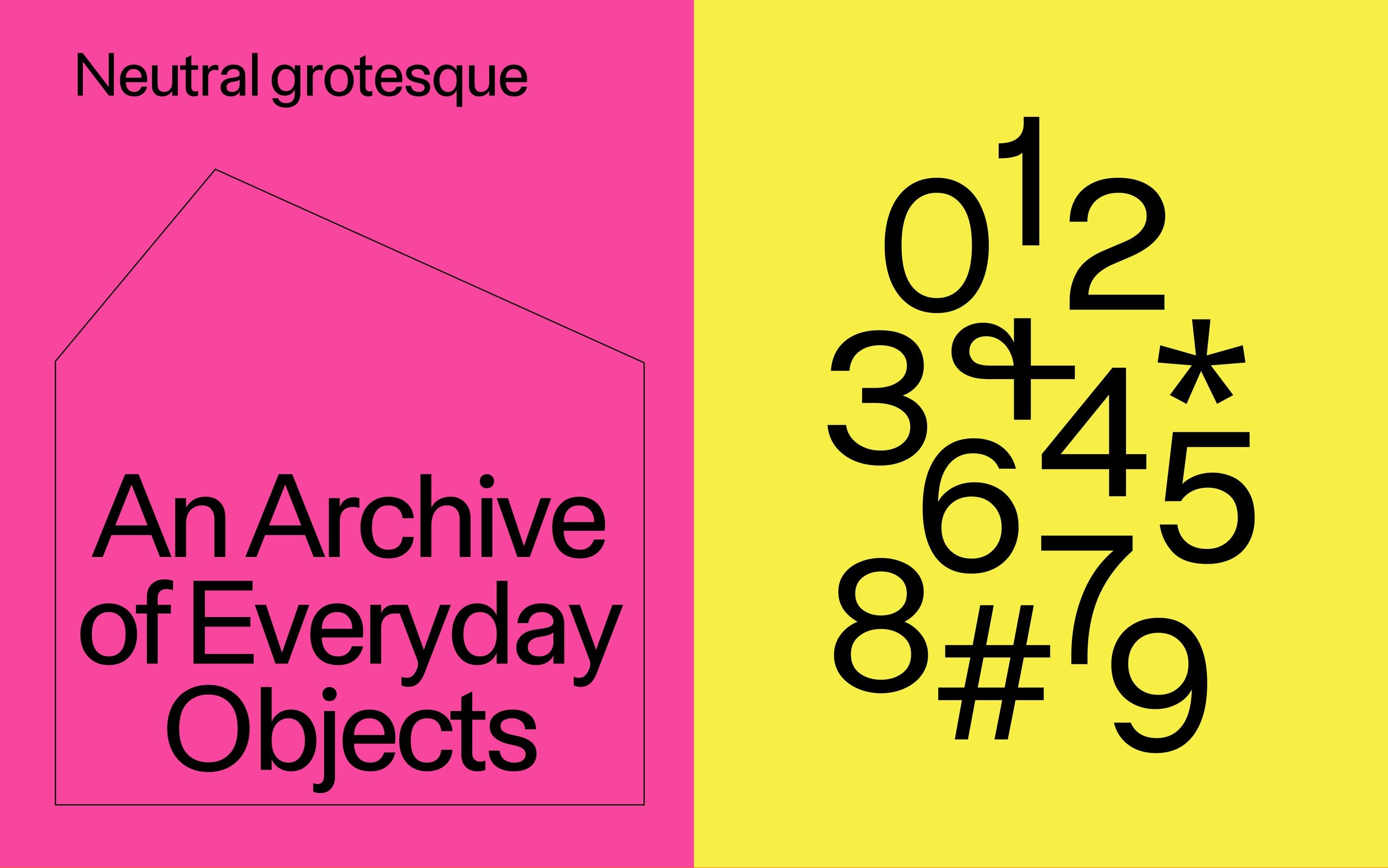 neutral grotesque specimen with a poster composition and overlapping numerals on pink and yellow