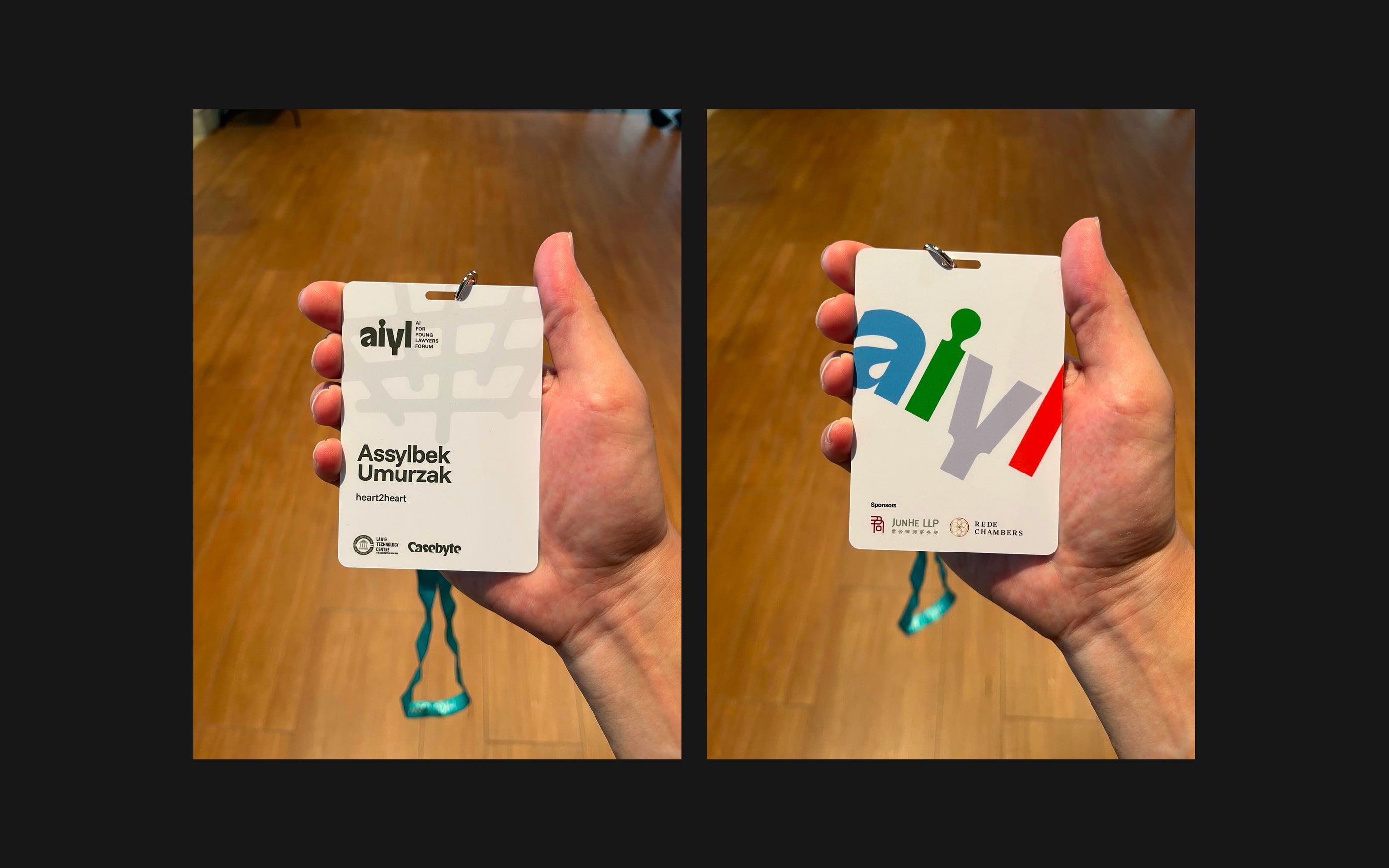 front and back of an aiyl conference badge held in one hand