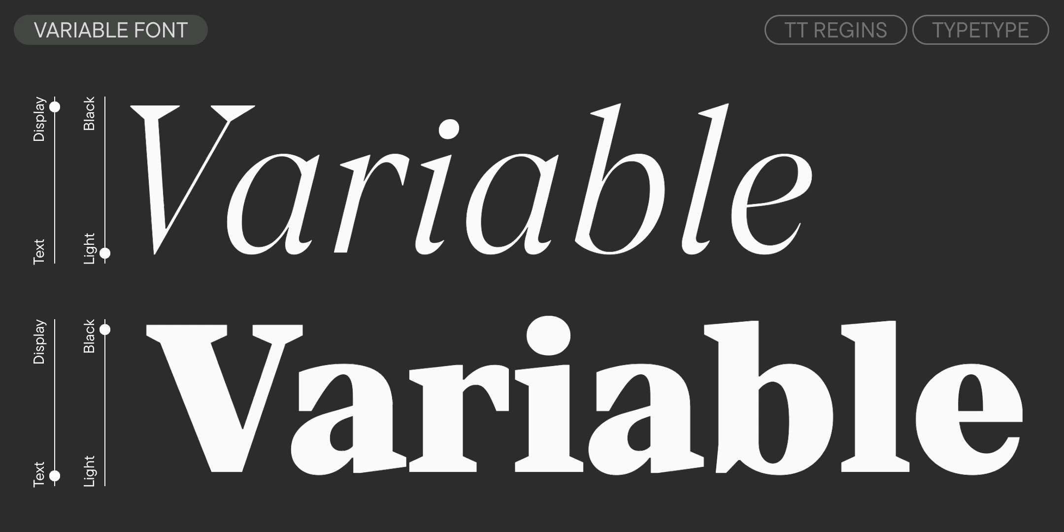 a still from the variable font specimen showing upright and italic weight and optical size controls