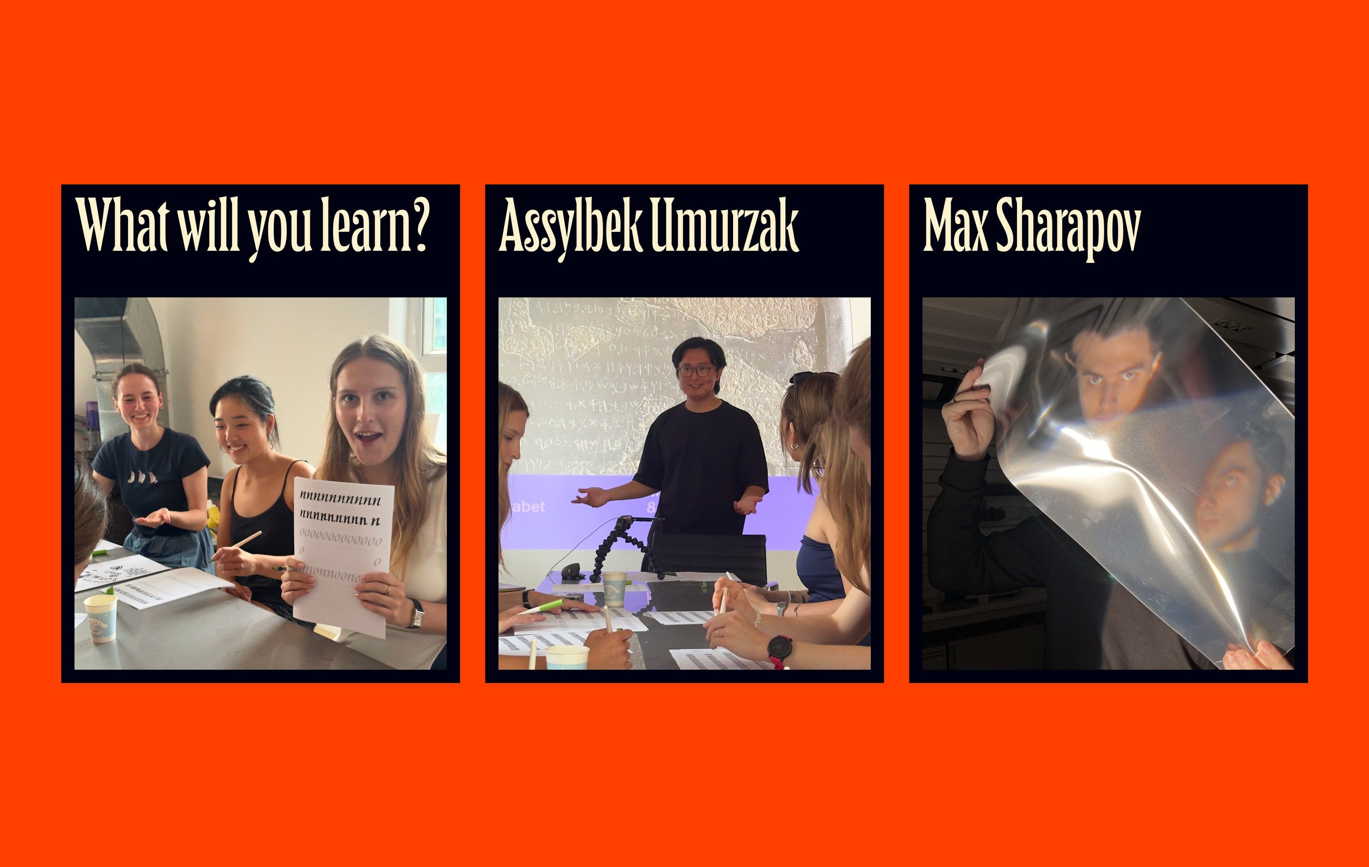 three social media posts introducing the workshop, Assylbek Umurzak and Max Sharapov