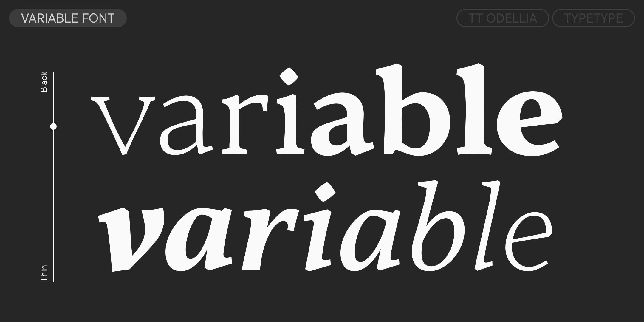 variable upright and italic letterforms showing changes in weight