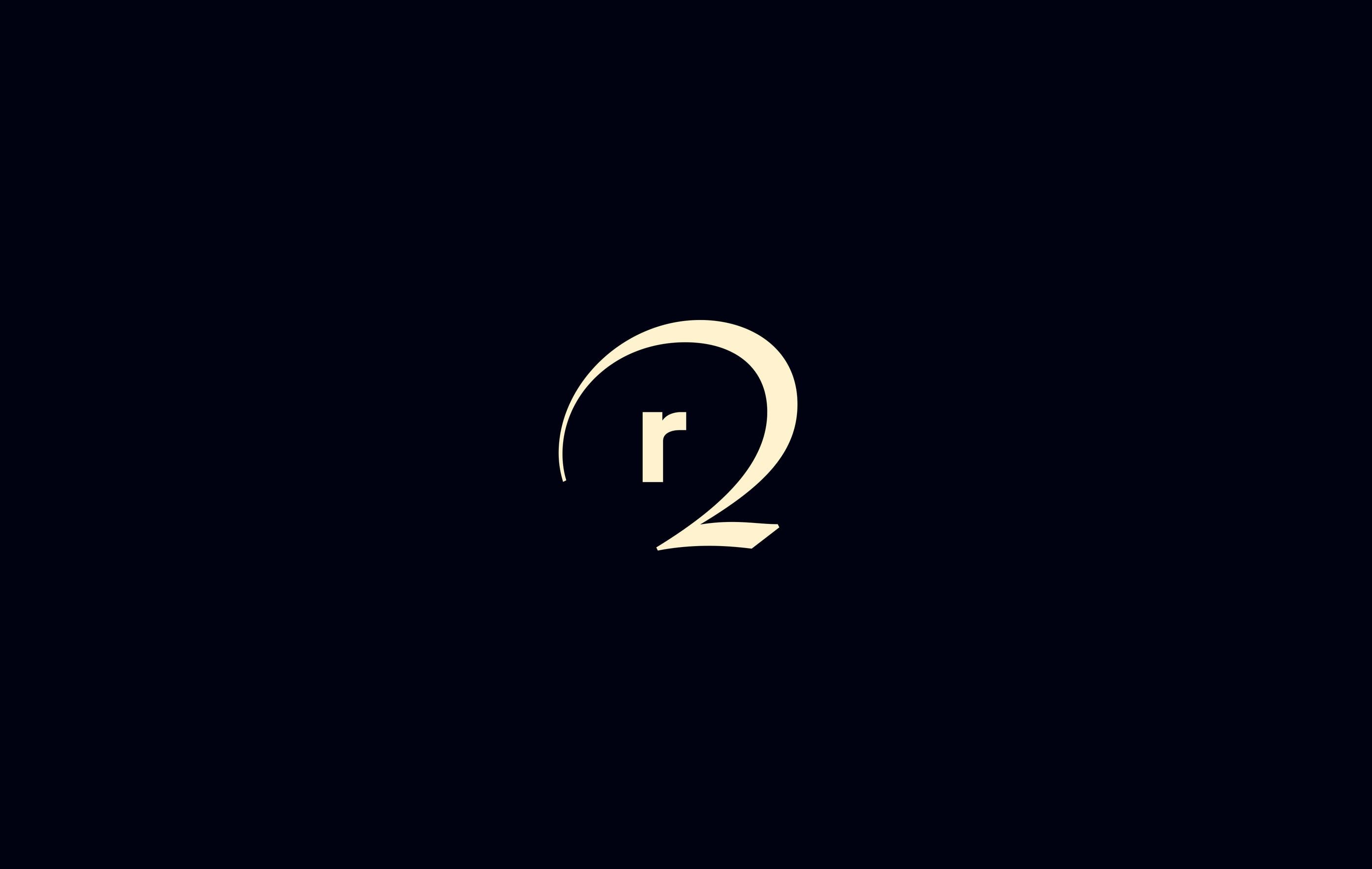 room 2584 monogram combining a lowercase r with the calligraphic numeral 2