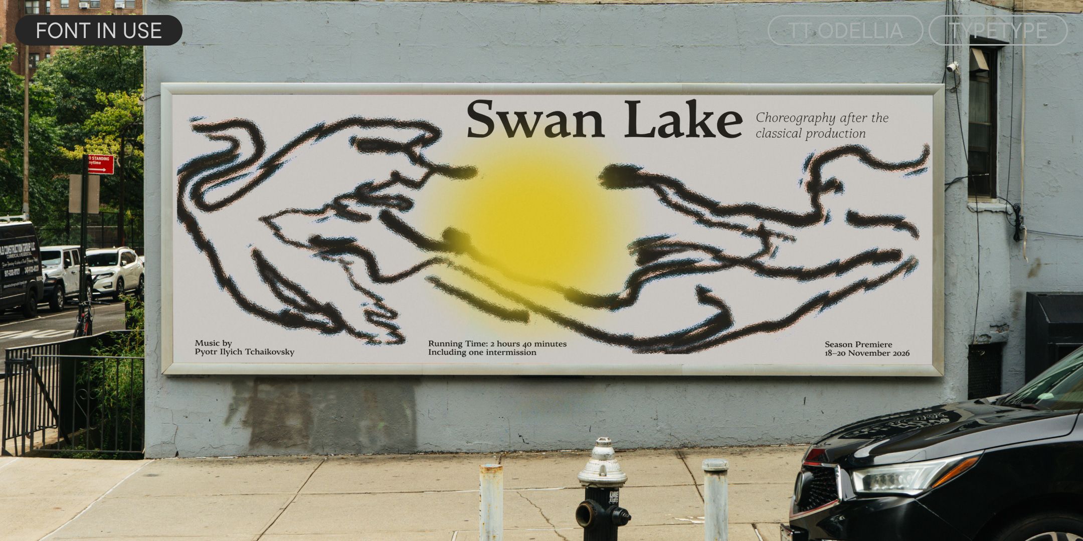 swan lake billboard pairing tt odellia with an expressive drawing of two swans