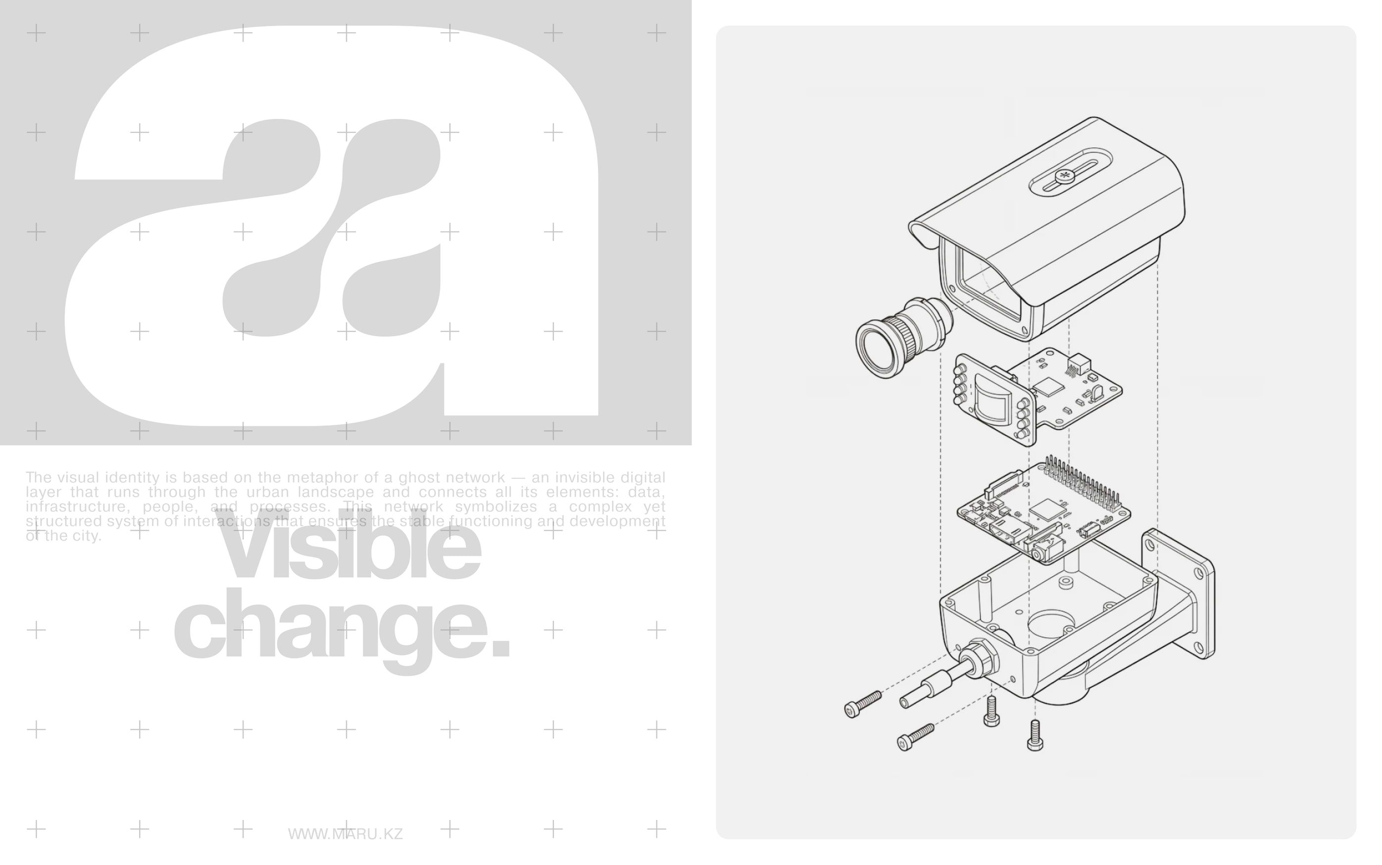 maru symbol, visual identity composition and exploded technical drawing of an urban camera