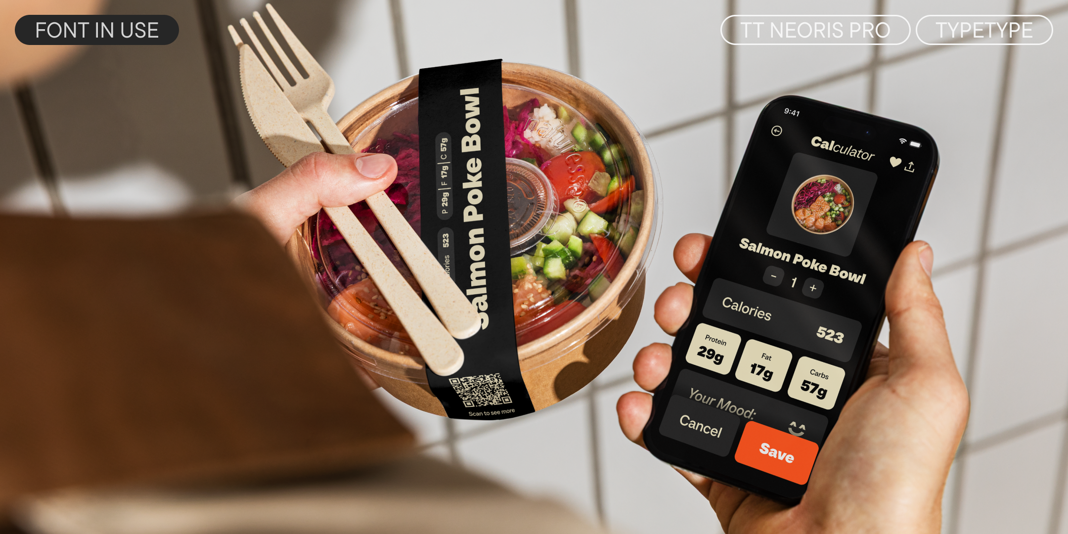 tt neoris pro on salmon poke bowl packaging and a nutrition tracking app