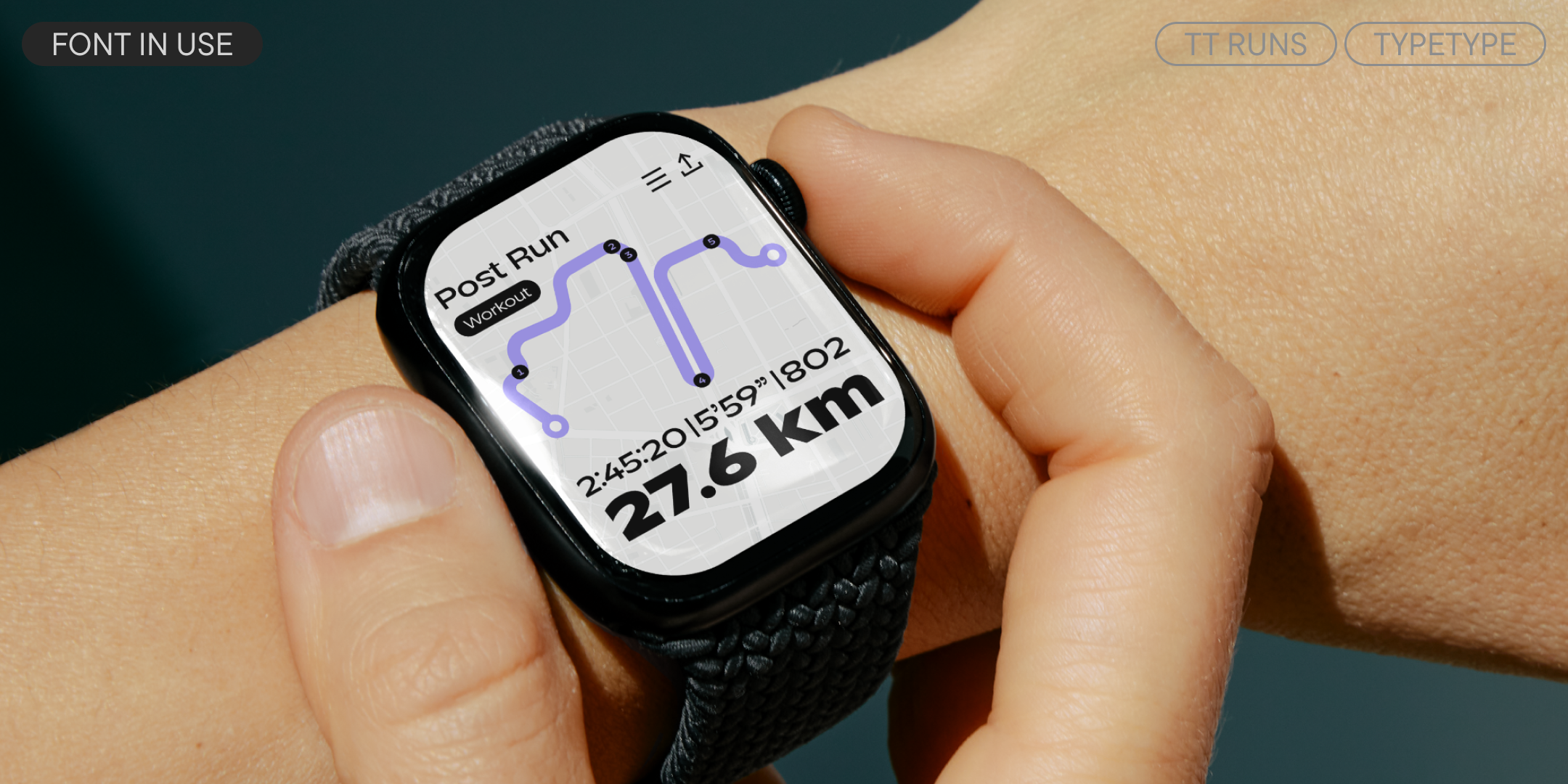a smartwatch showing a running route and distance in tt runs