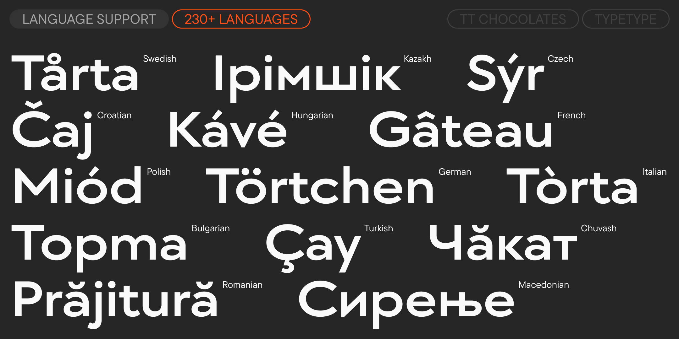 multilingual latin and cyrillic words demonstrating support for over 230 languages