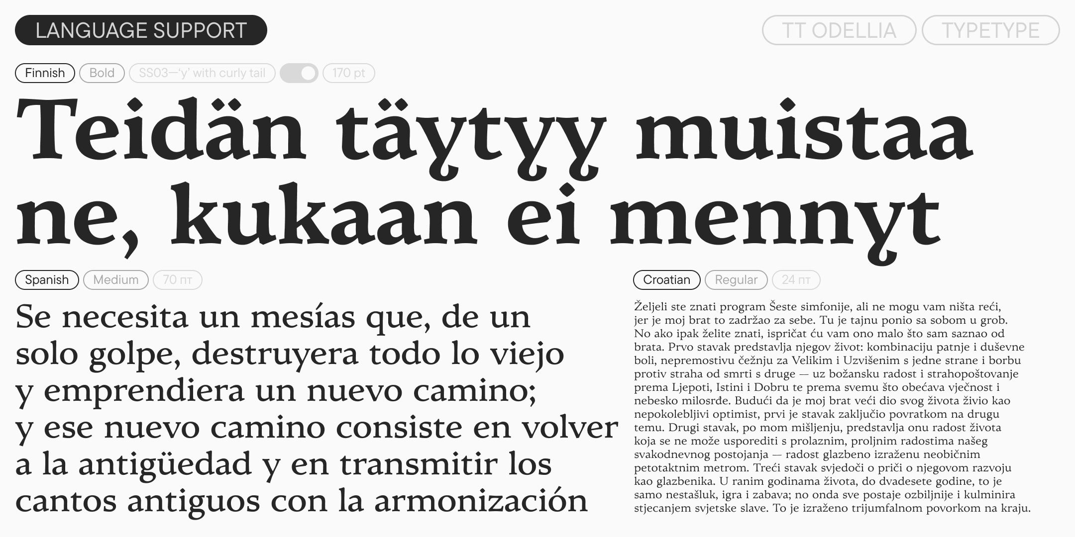 finnish headline and spanish and croatian text showing tt odellia at different sizes