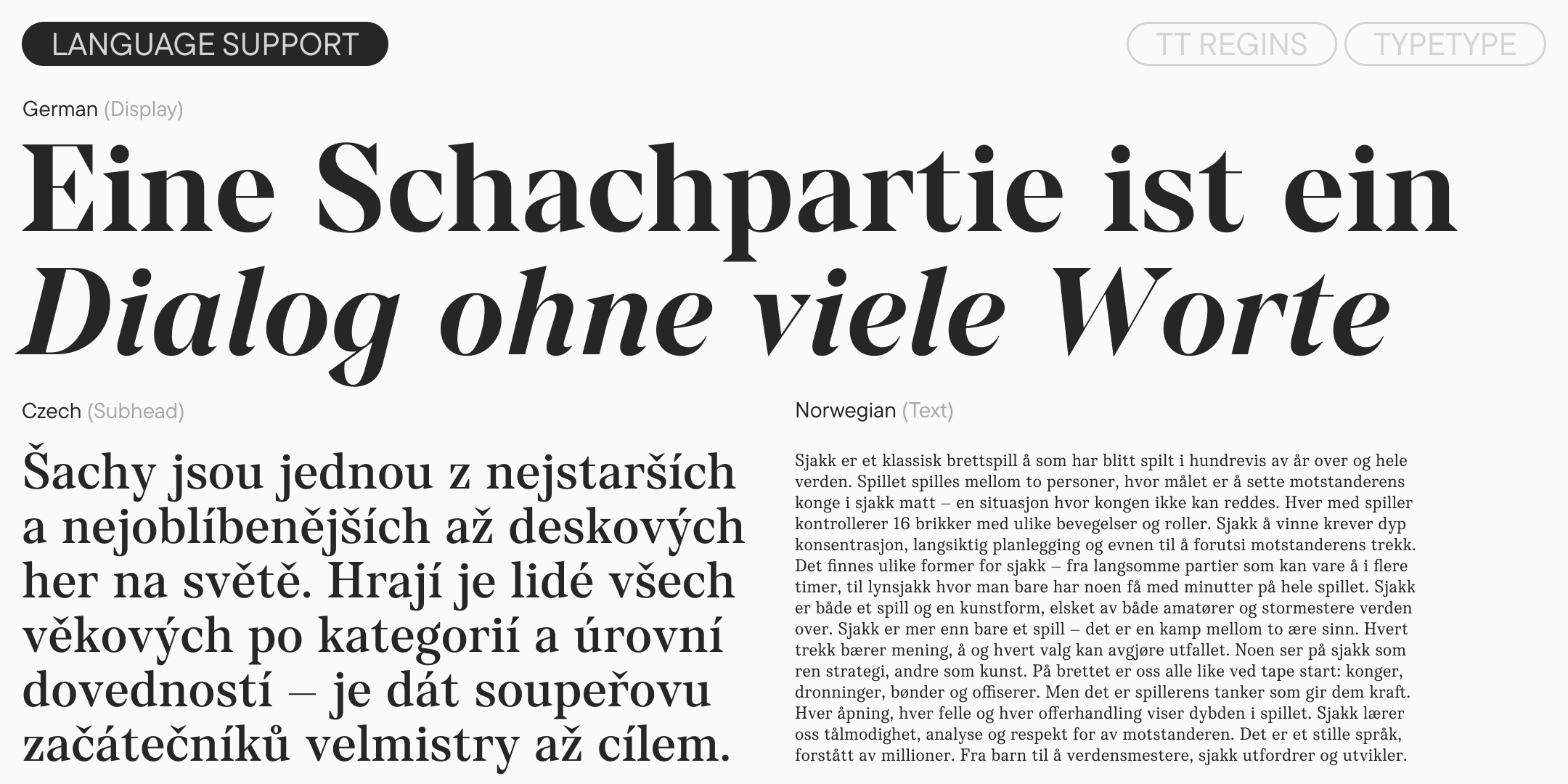 german display text with czech and norwegian specimens in the subhead and text styles