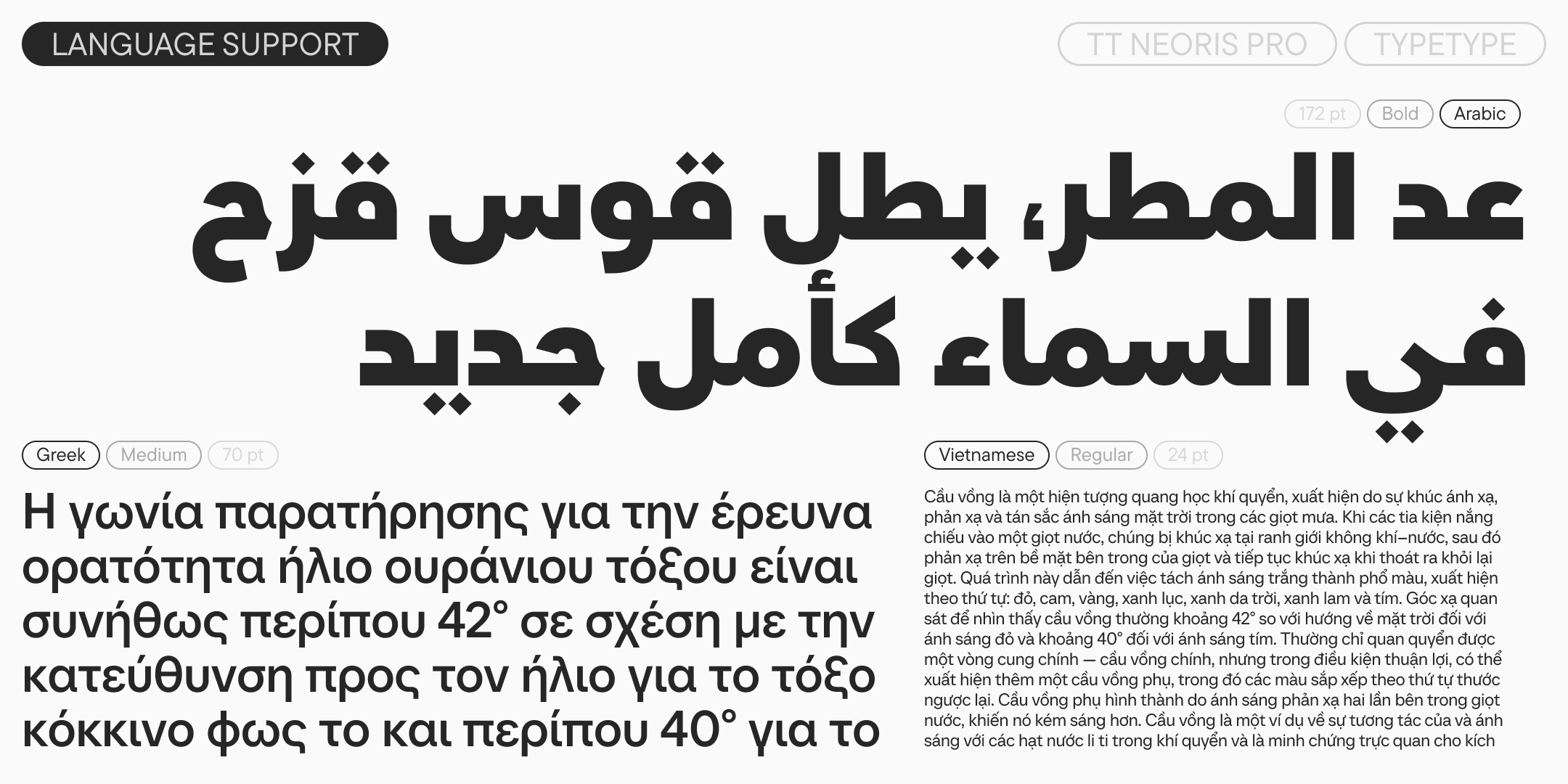 arabic, greek and vietnamese specimens at headline and text sizes