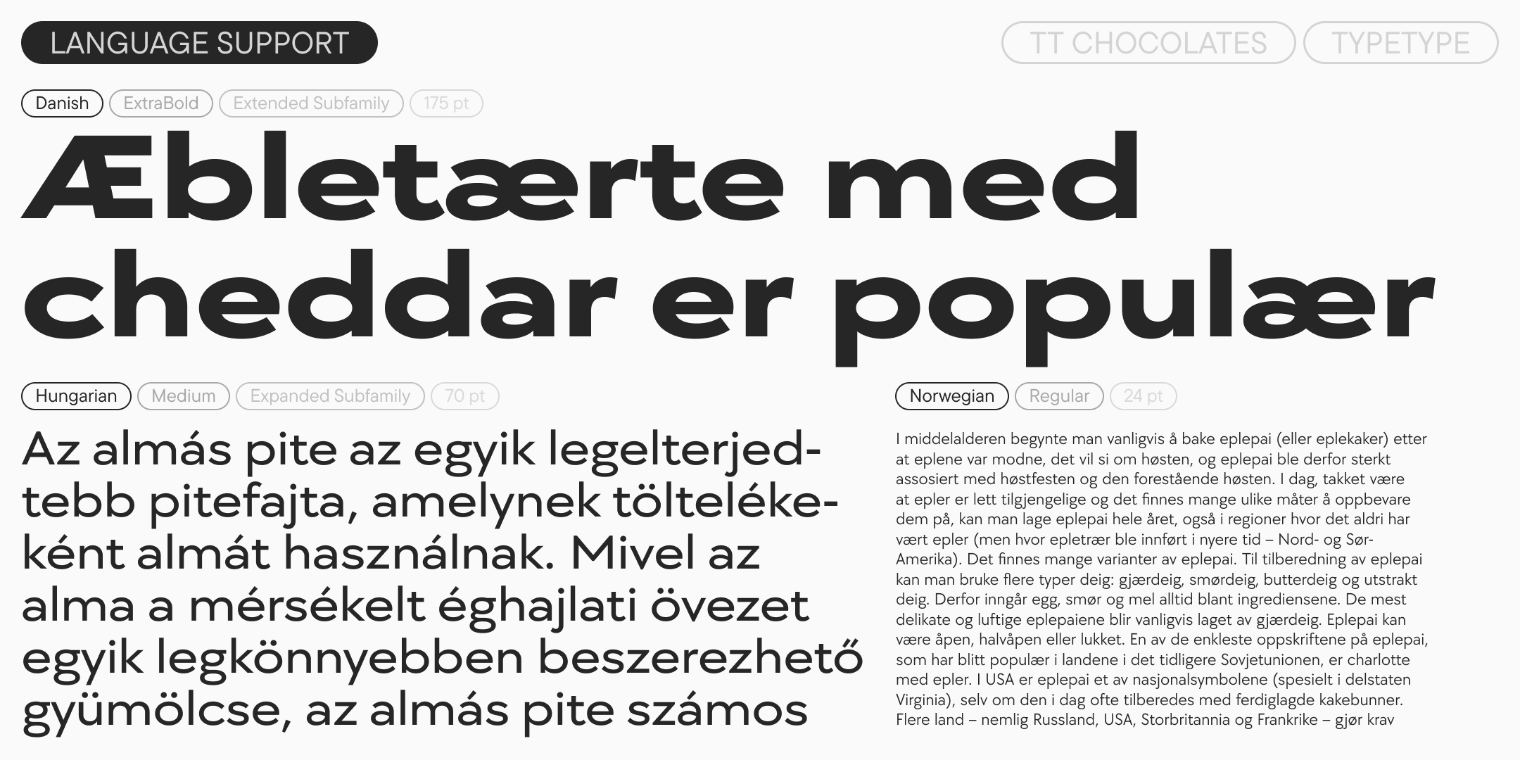 danish headline with hungarian and norwegian text demonstrating different widths and sizes