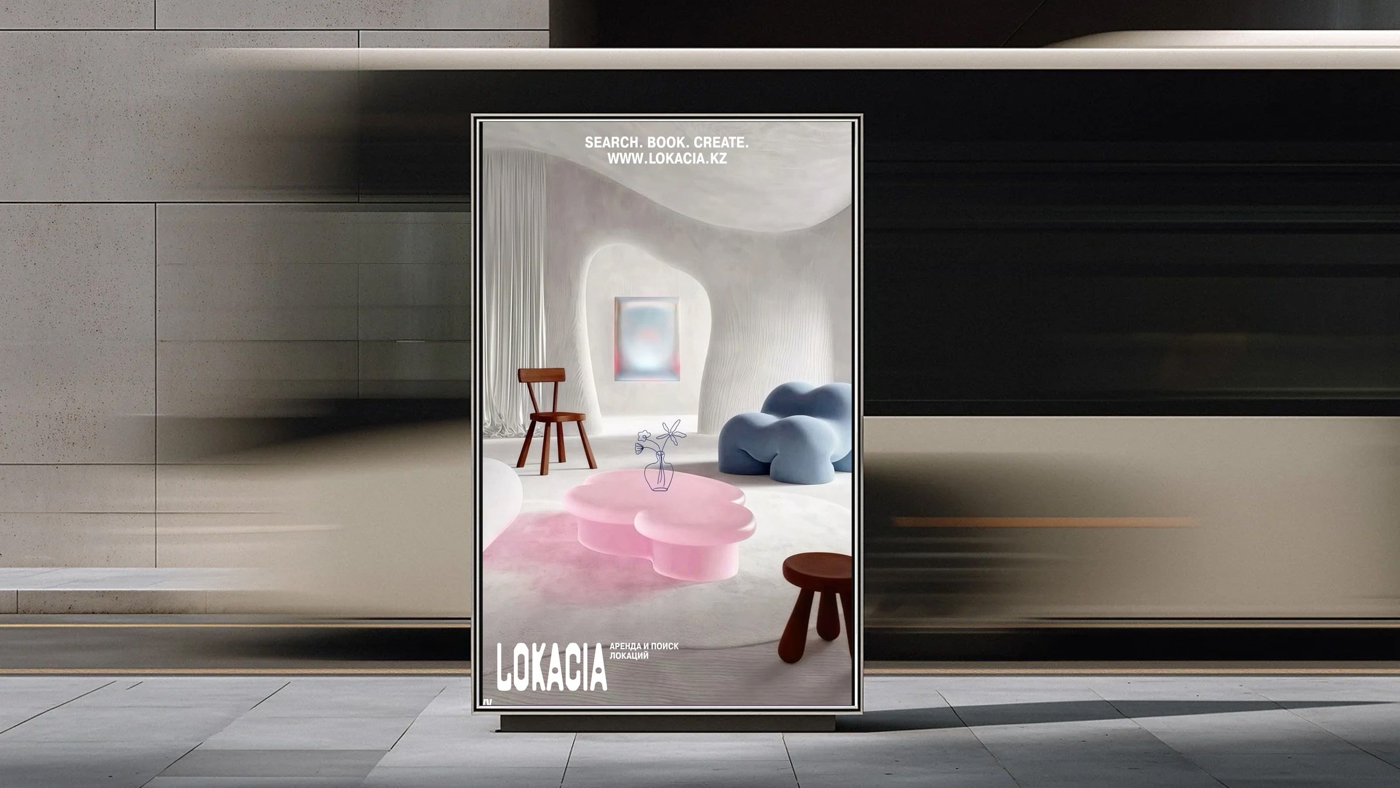 street poster reading "search. book. create." with a sculptural interior and the lokacia wordmark