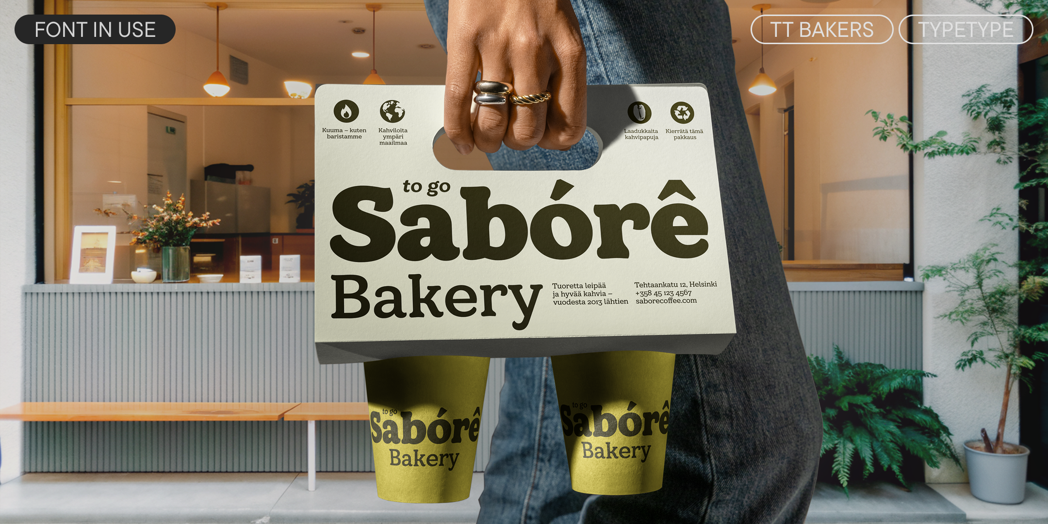 tt bakers on a bakery takeaway bag and matching coffee cups