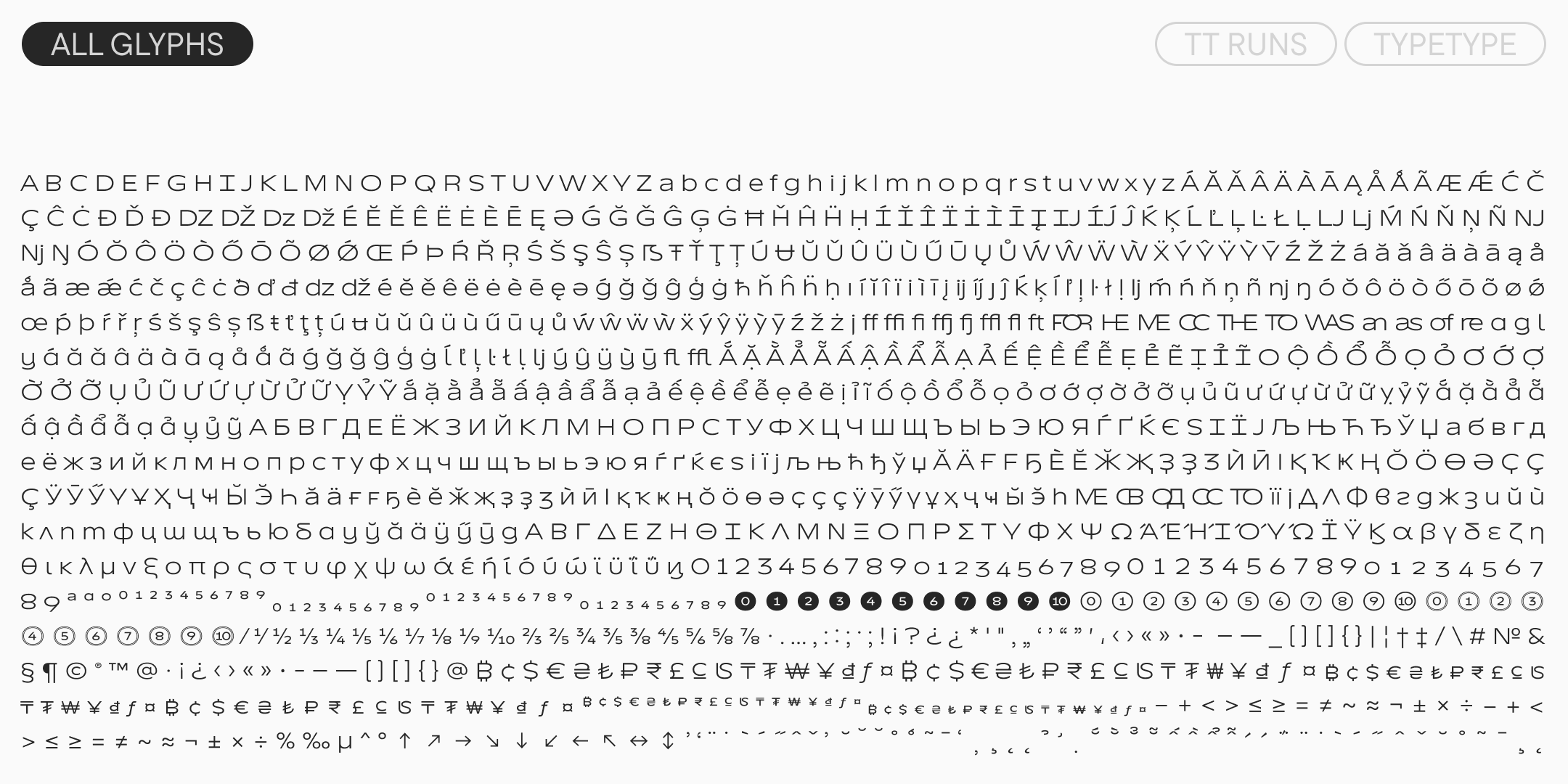 overview of the tt runs character set, including latin, cyrillic, greek, numerals and symbols