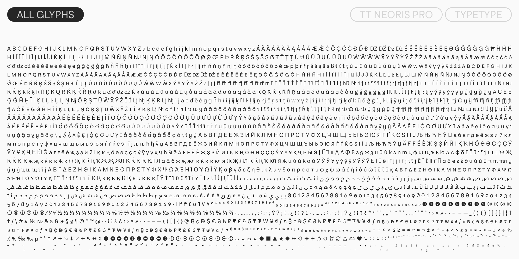 overview of the tt neoris pro character set, including latin, cyrillic, greek and arabic
