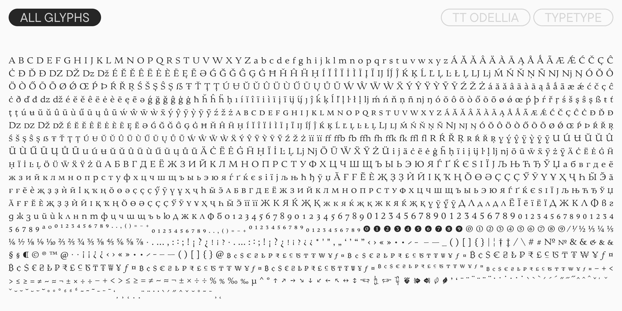 overview of the tt odellia character set, including latin, cyrillic, numerals and symbols
