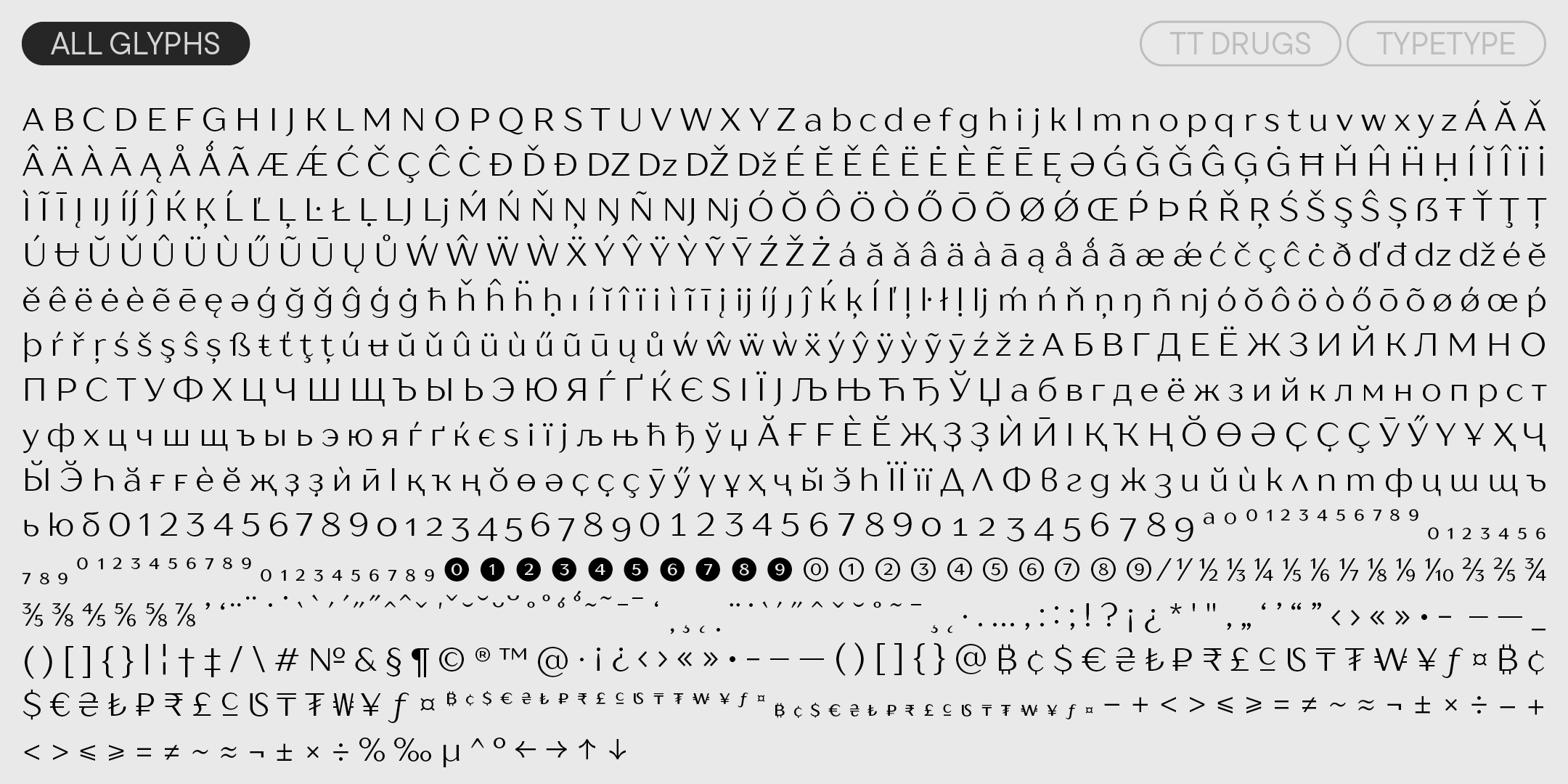 overview of the tt drugs character set, including latin, cyrillic, numerals and symbols