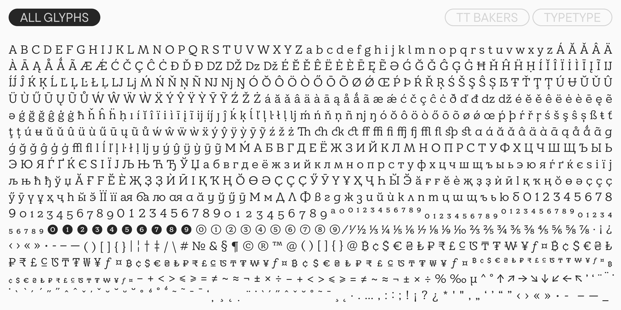 overview of the tt bakers character set, including latin, cyrillic, numerals and symbols