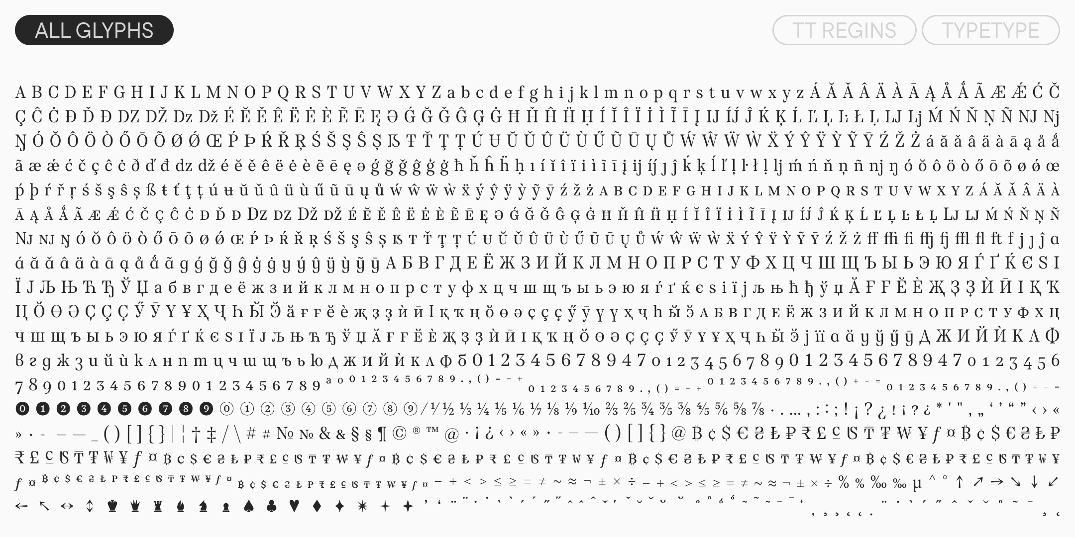 overview of the tt regins character set, including latin, cyrillic, numerals, symbols and icons