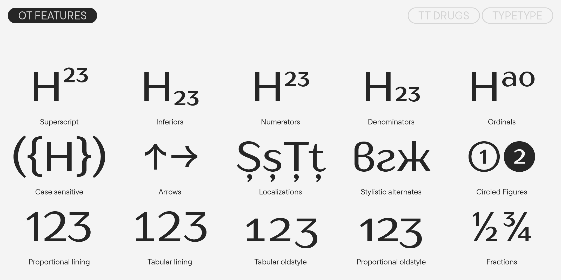 opentype features including numeral systems, fractions, currencies, arrows and localized forms