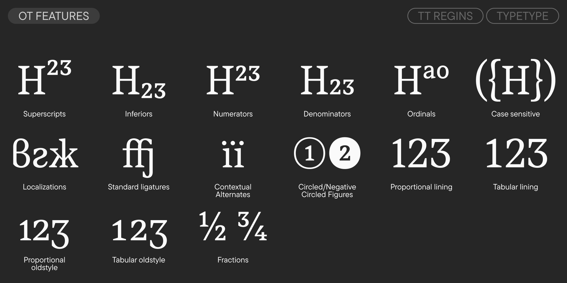 opentype features including small caps, localized forms, ligatures, numeral systems and fractions