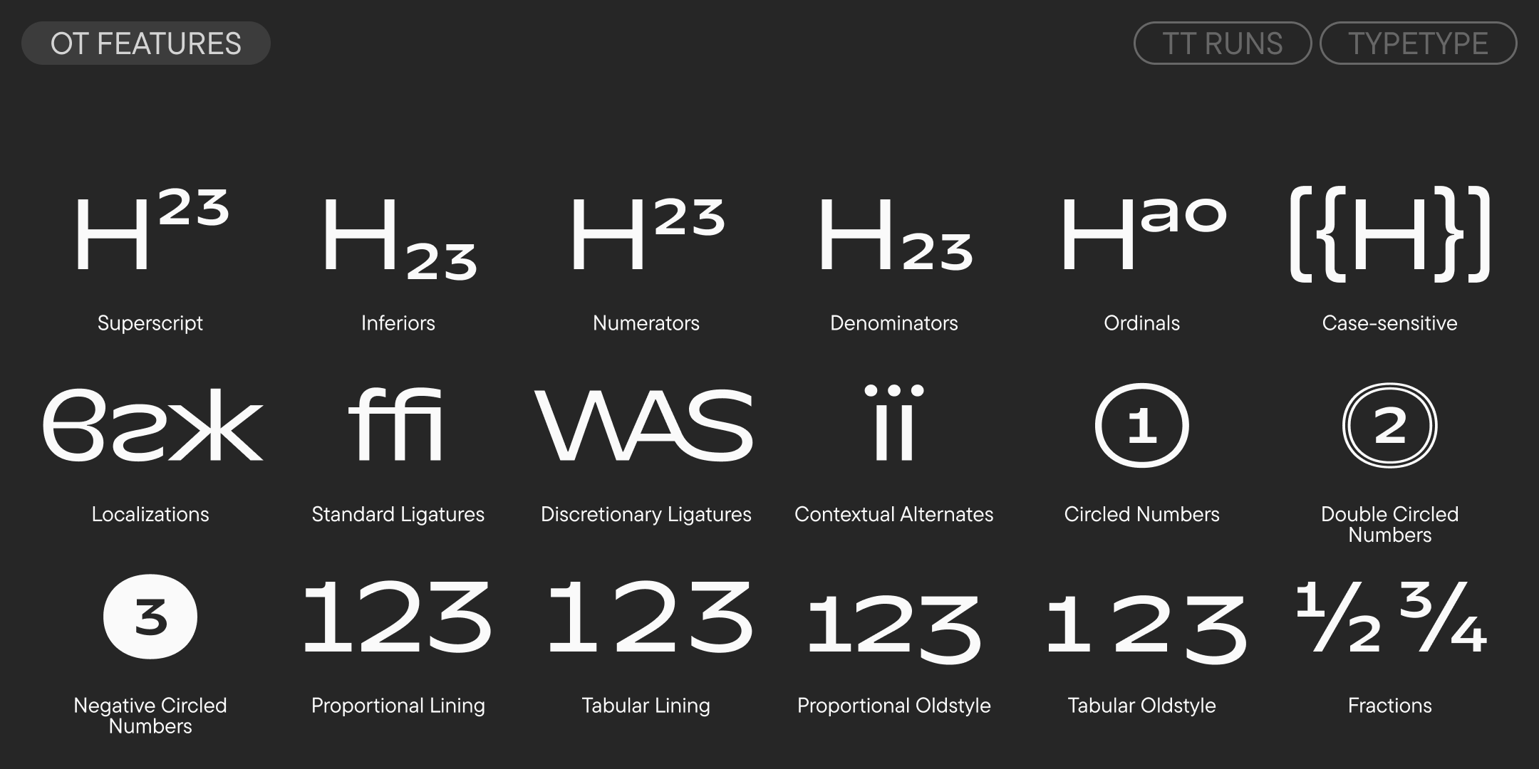 opentype features including numeral systems, localized forms, ligatures and circled figures