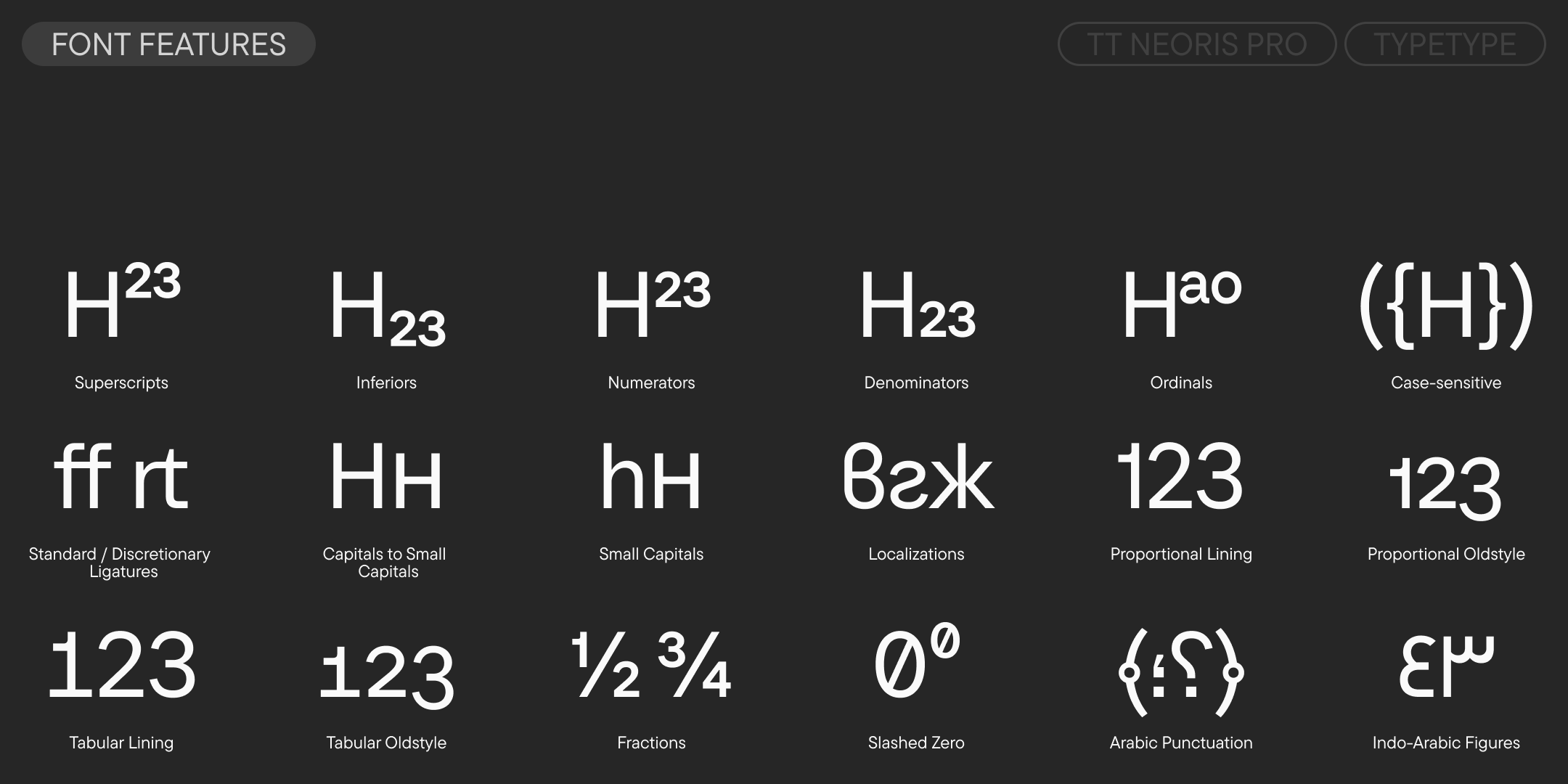 opentype features including numeral systems, small caps, ligatures and localized forms