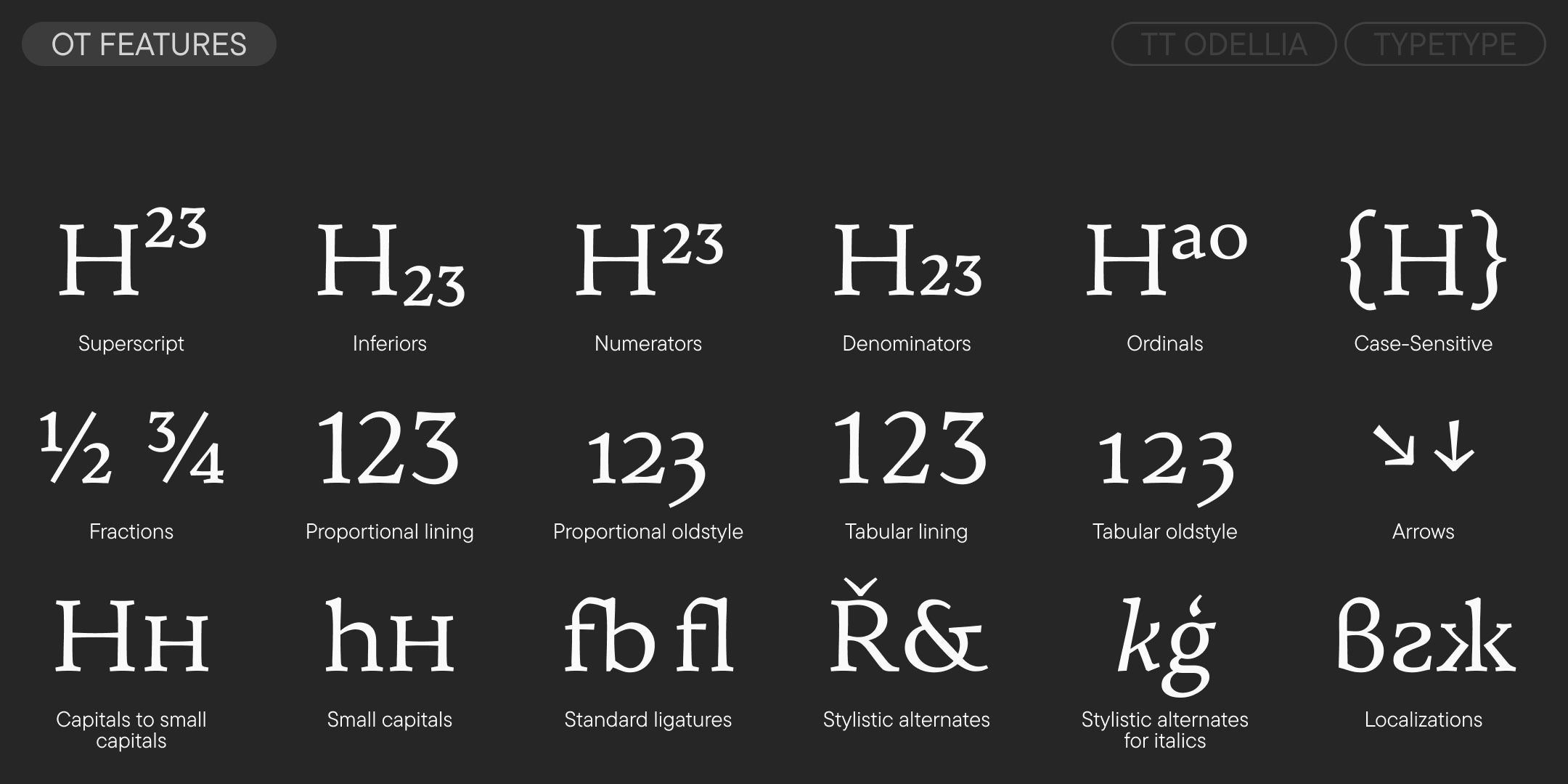 opentype features including fractions, numeral styles, small caps, ligatures and localized forms