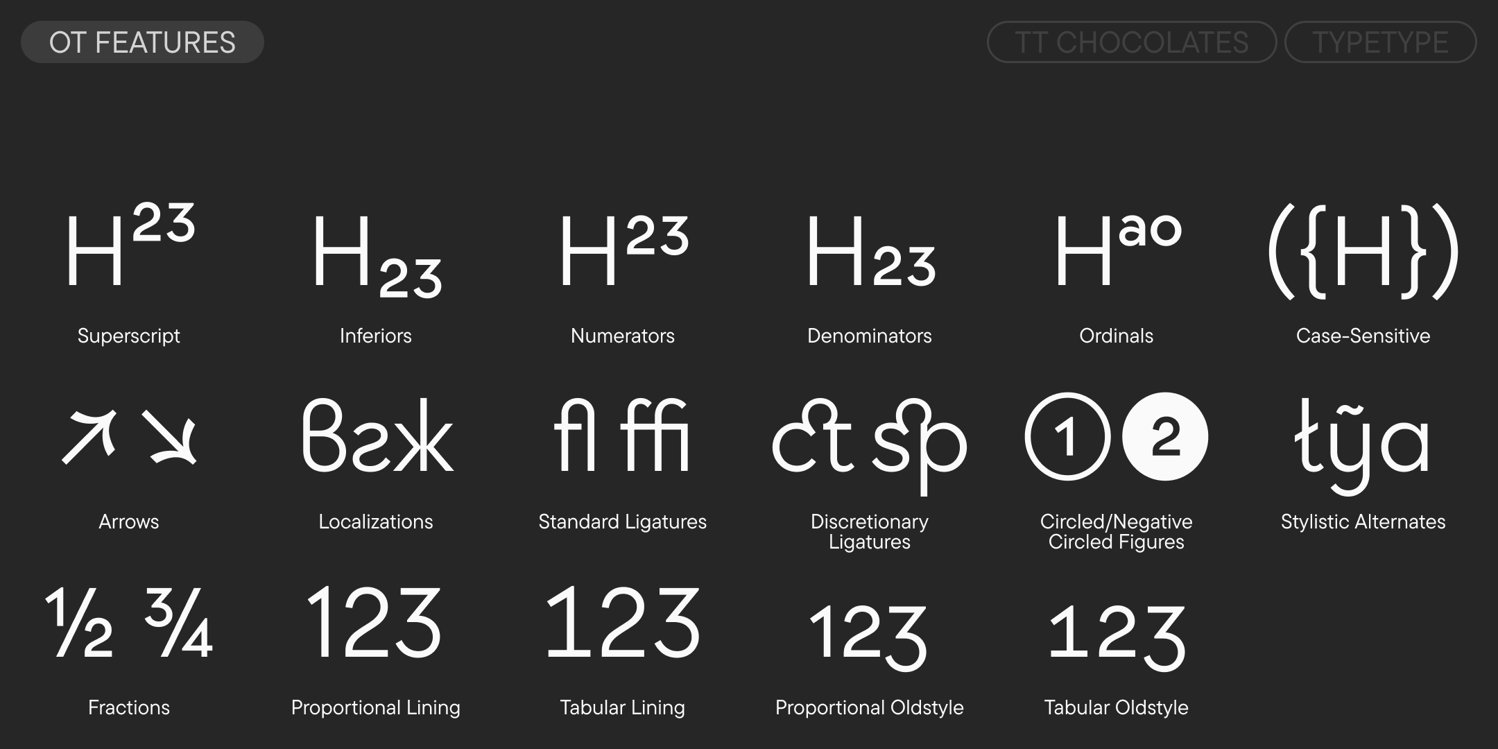 opentype features including arrows, numeral systems, ligatures, localized forms and fractions